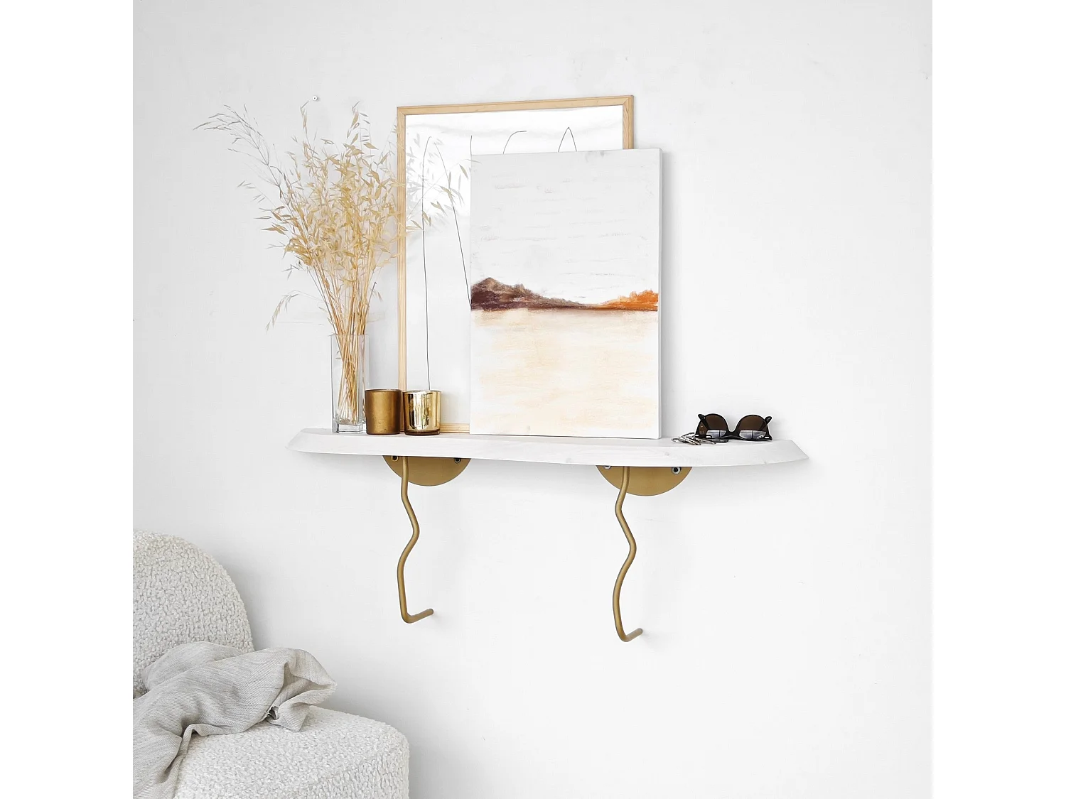 Étagère murale élégante, 99 cm x 22 cm, 100 % pin et structure en métal, finition or et blanc | Solution de rangement