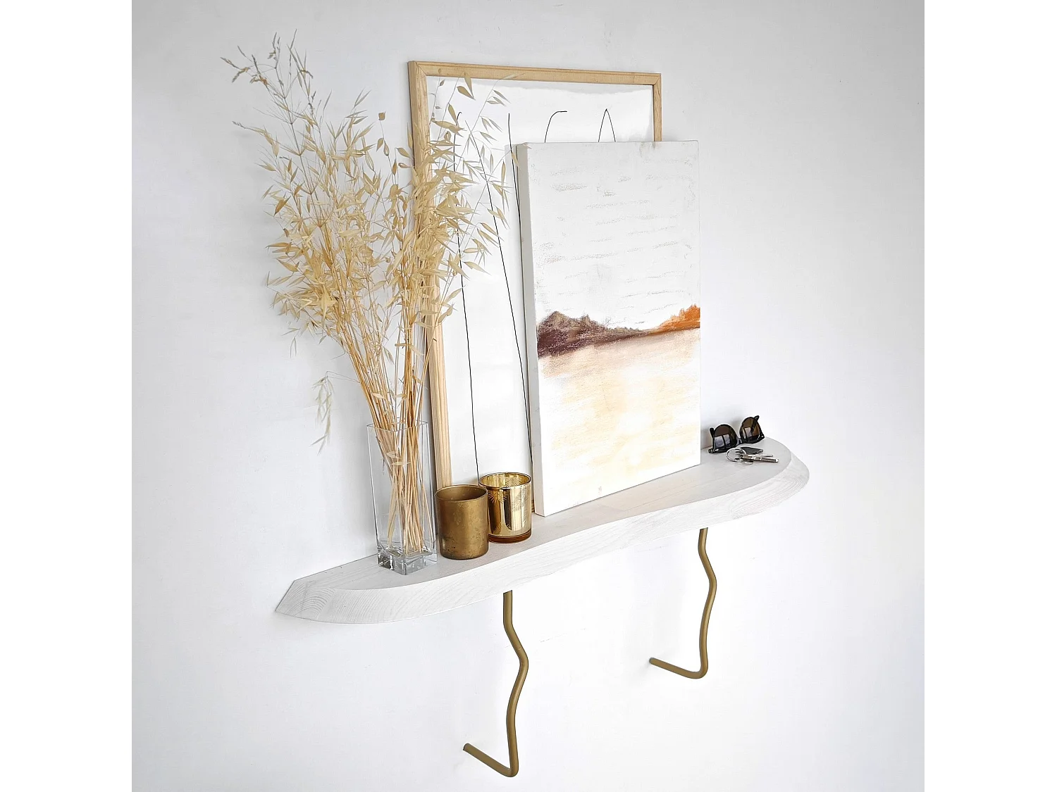 Étagère murale élégante, 99 cm x 22 cm, 100 % pin et structure en métal, finition or et blanc | Solution de rangement