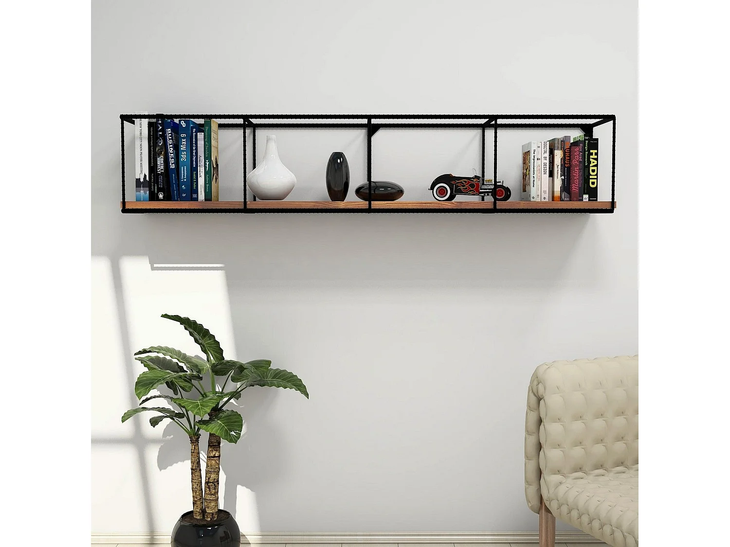 Étagère murale scandinave – 120 cm x 30 cm x 30 cm – Noyer et noir – 100 % pin