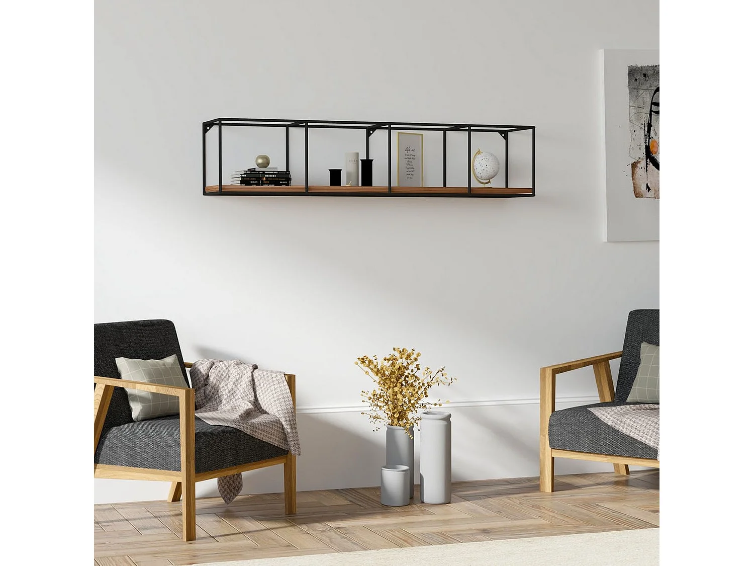 Étagère murale scandinave – 120 cm x 30 cm x 30 cm – Noyer et noir – 100 % pin