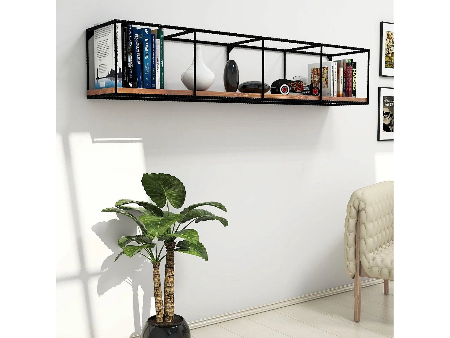 Étagère murale scandinave – 120 cm x 30 cm x 30 cm – Noyer et noir – 100 % pin