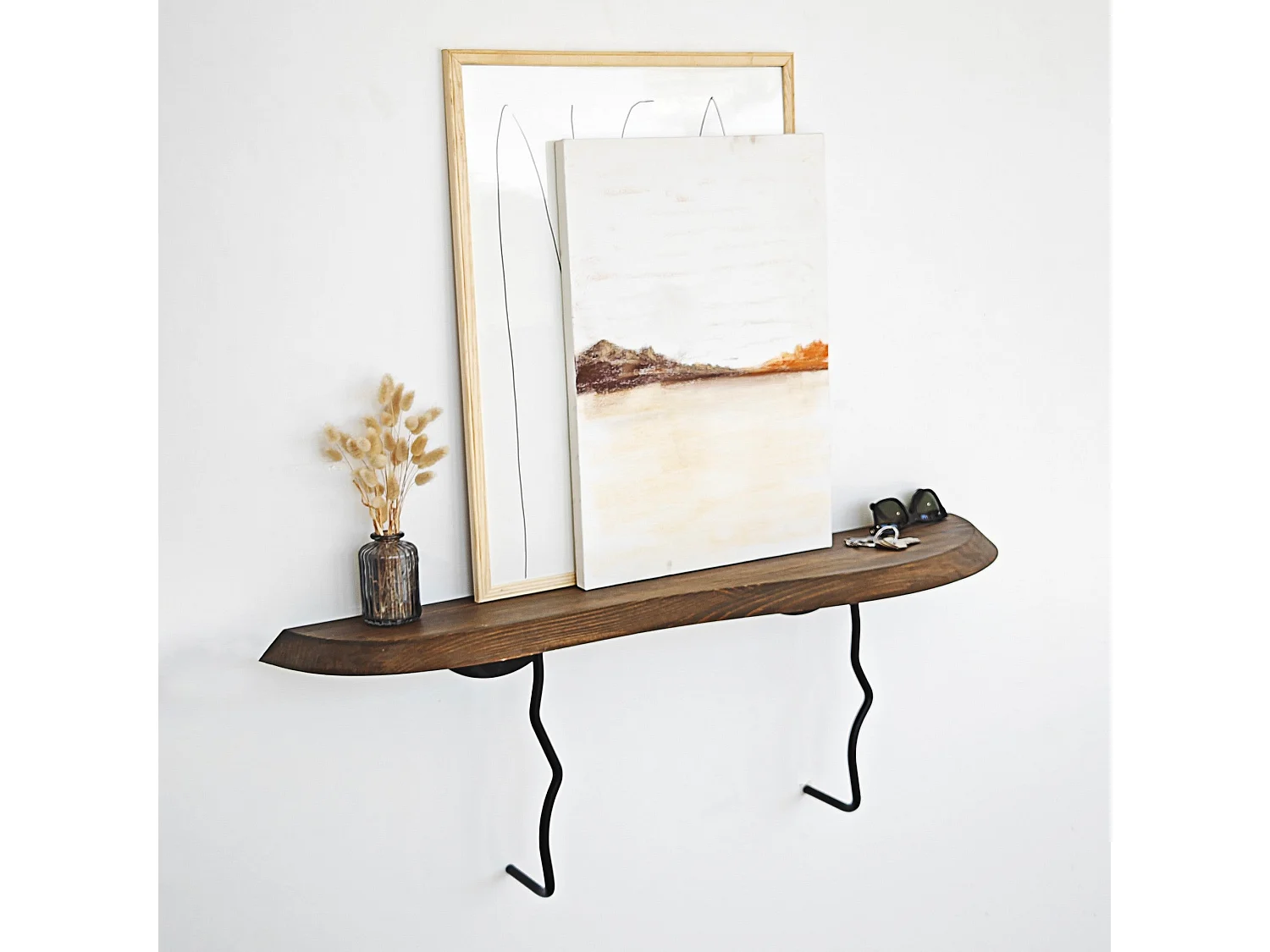 Elegante mensola da parete, 99 cm x 22 cm, nero e noce | 100% legno di pino e struttura in metallo | Perfetta per decorare e organizzare