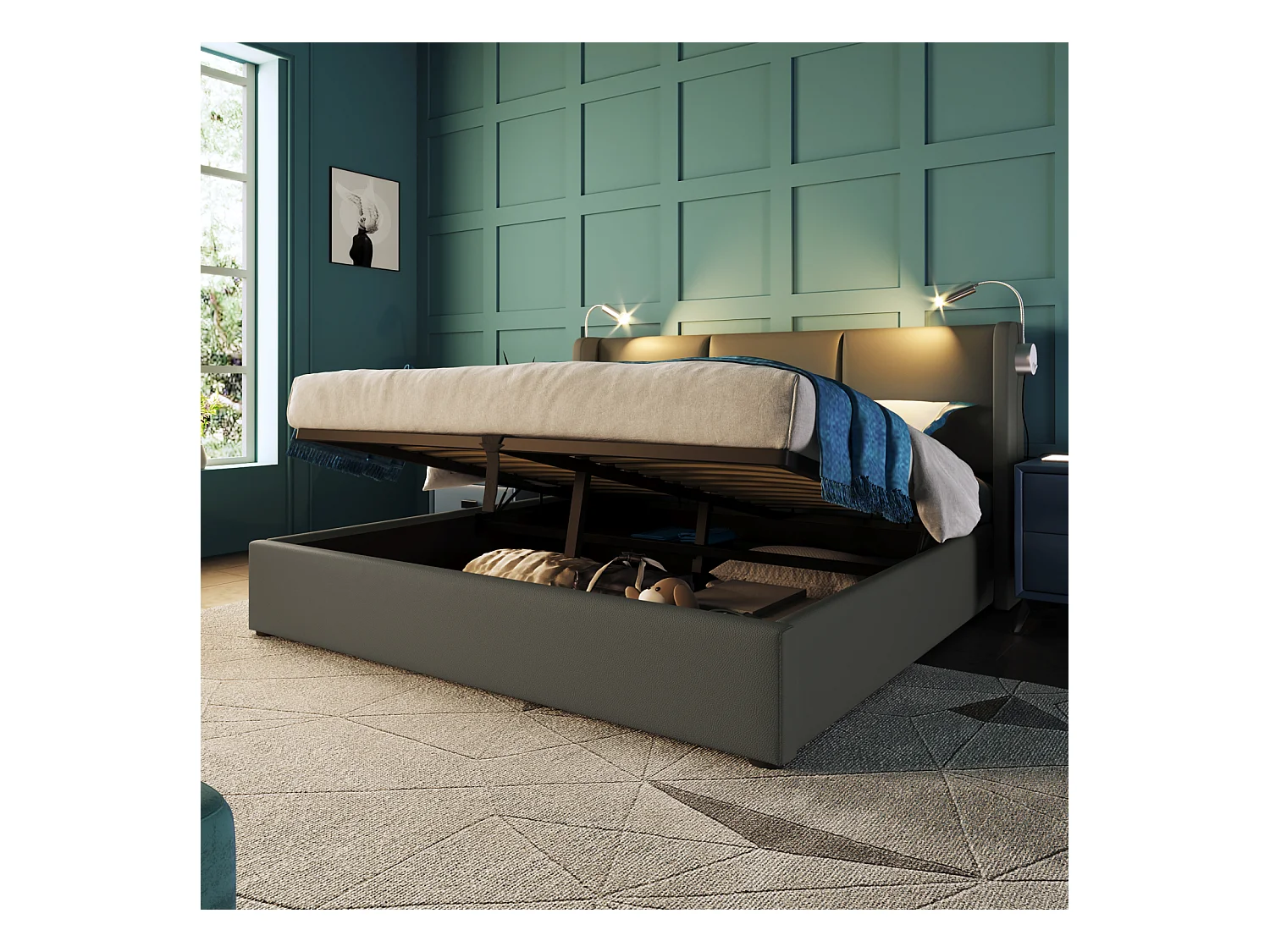 Lit Coffre avec Lampe et USB 140x200CM, avec Sommier à Lattes en Bois Chambres à Coucher, PU, Gris