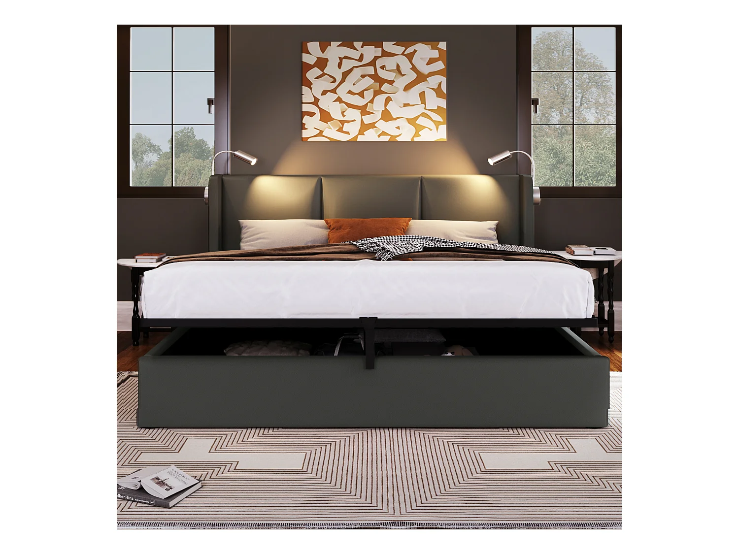 Lit Coffre avec Lampe et USB 140x200CM, avec Sommier à Lattes en Bois Chambres à Coucher, PU, Gris