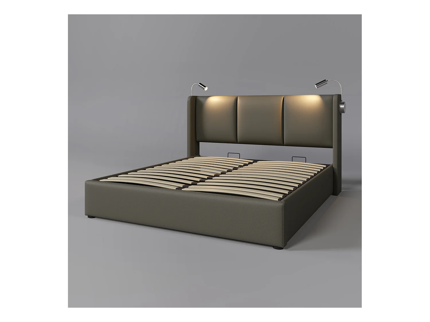 Lit Coffre avec Lampe et USB 140x200CM, avec Sommier à Lattes en Bois Chambres à Coucher, PU, Gris