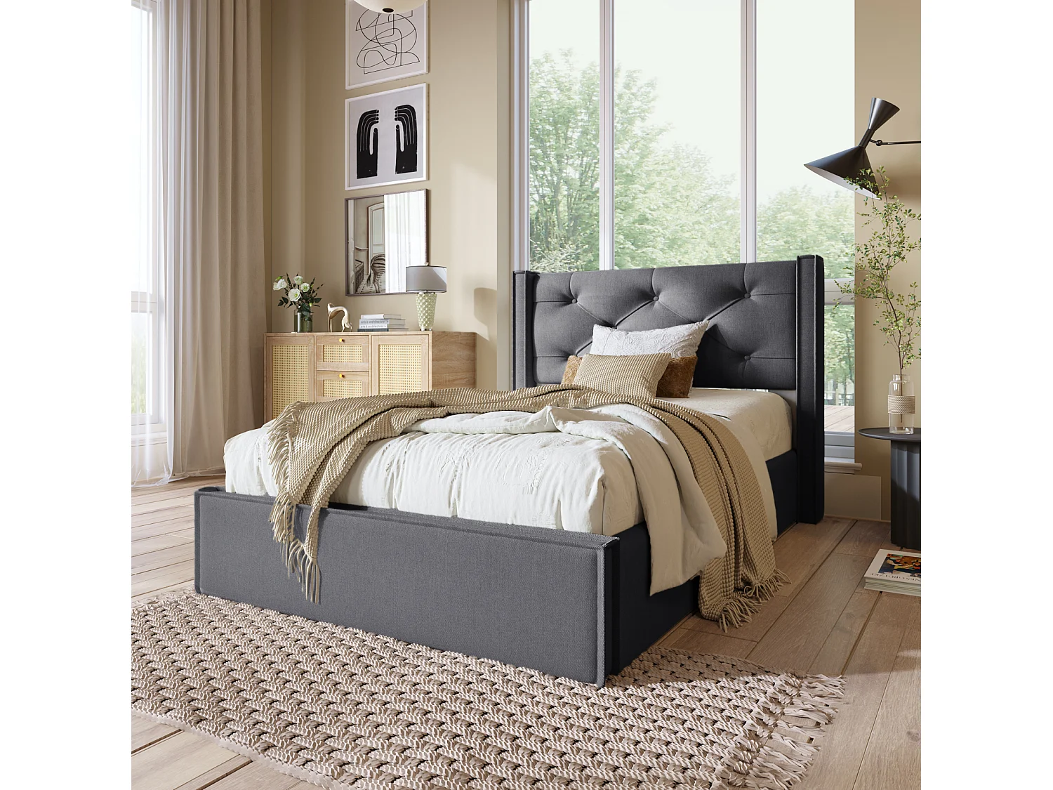 Cama estofada, 90 x 200 cm, com espaço de arrumação, cama de casal com estrado de ripas, Linho, cinzento