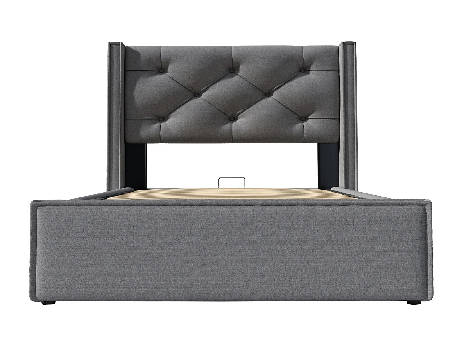 Cama estofada, 90 x 200 cm, com espaço de arrumação, cama de casal com estrado de ripas, Linho, cinzento