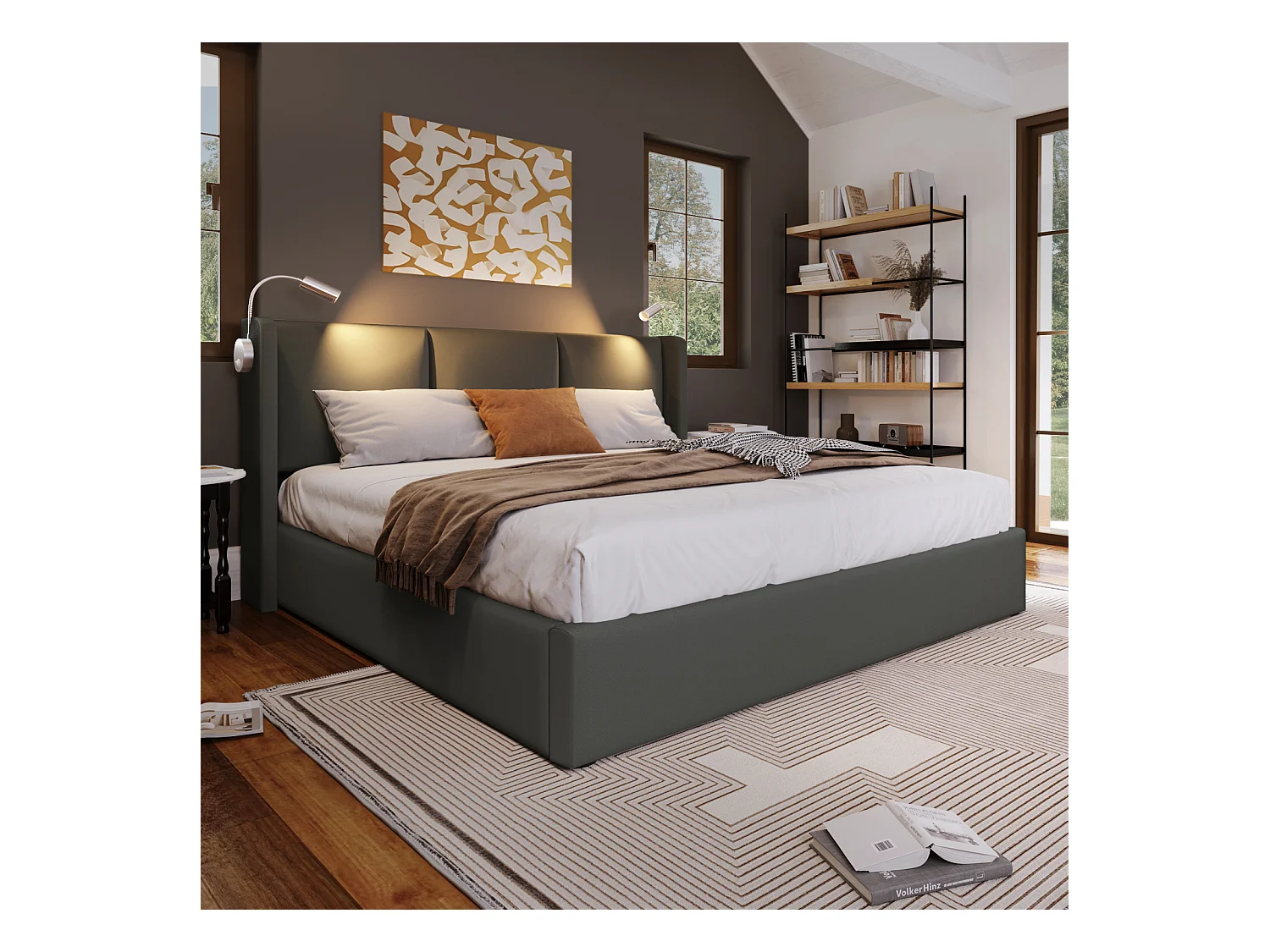 Lit Coffre avec Lampe et USB 160x200CM, avec Sommier à Lattes en Bois Chambres à Coucher, PU, Gris