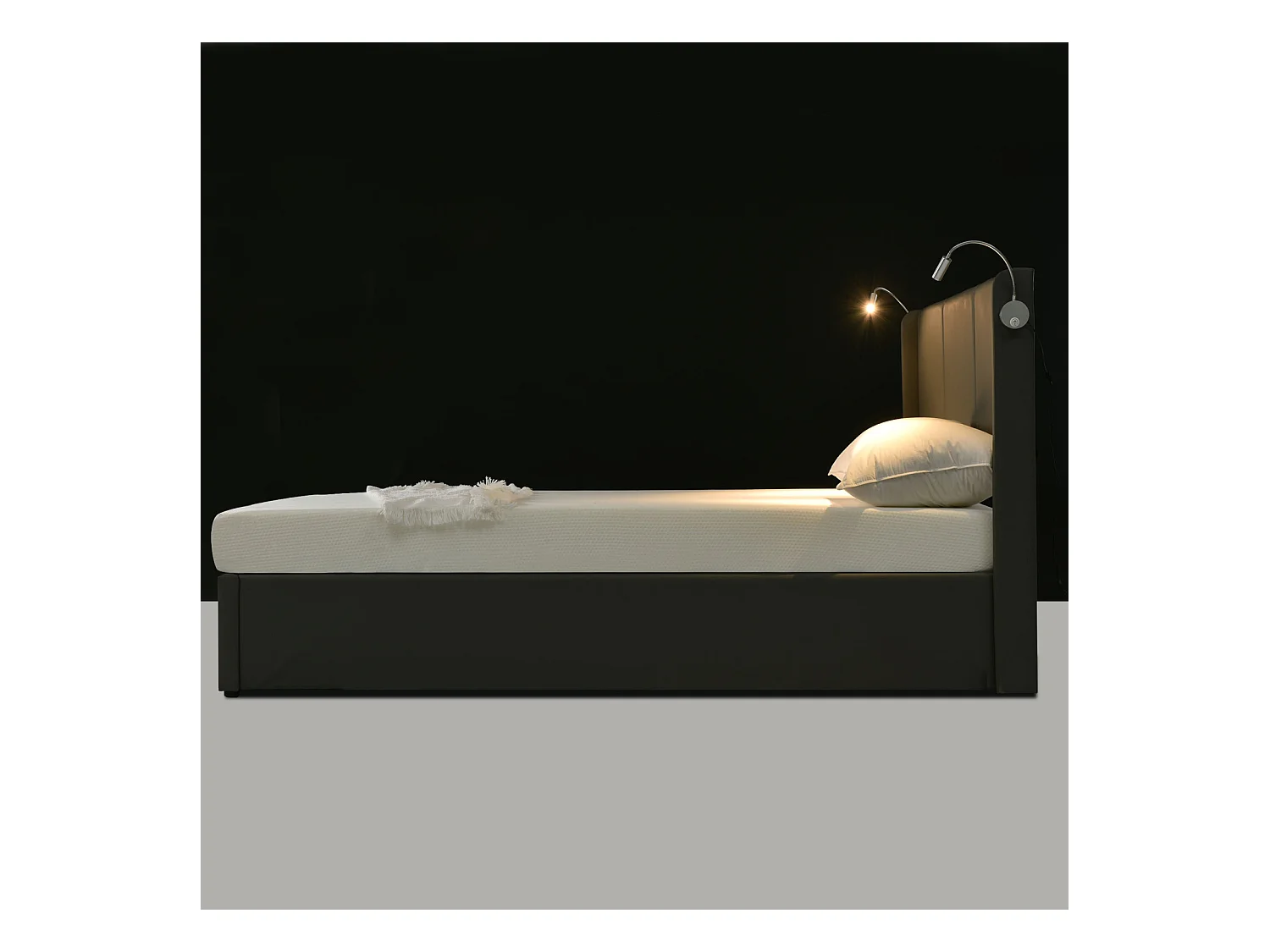 Lit Coffre avec Lampe et USB 160x200CM, avec Sommier à Lattes en Bois Chambres à Coucher, PU, Gris