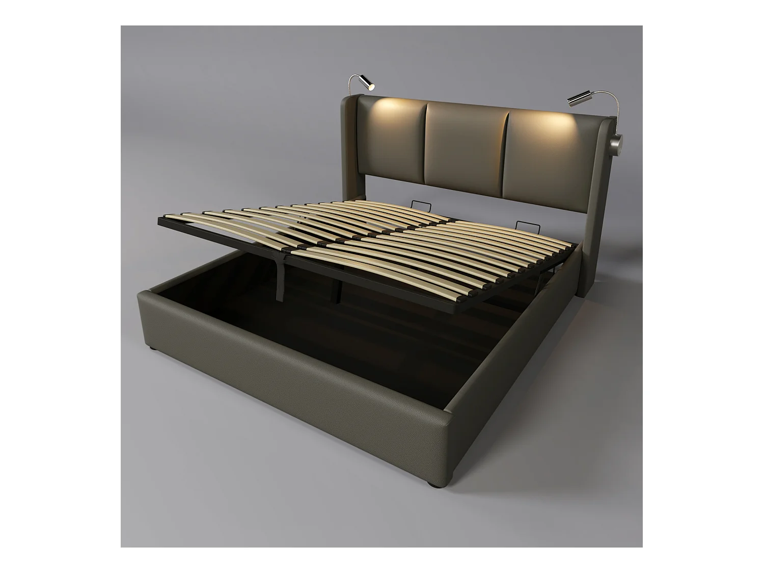 Lit Coffre avec Lampe et USB 160x200CM, avec Sommier à Lattes en Bois Chambres à Coucher, PU, Gris