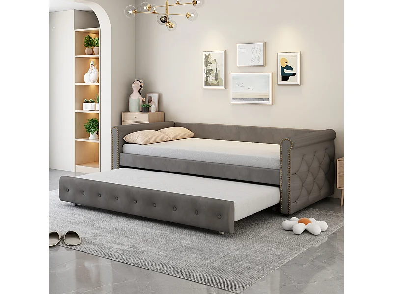 lit Lit superposé Enfant rembourré, Extensible, Gris, 90 x 200 cm, en Velours Doux pour la Peau