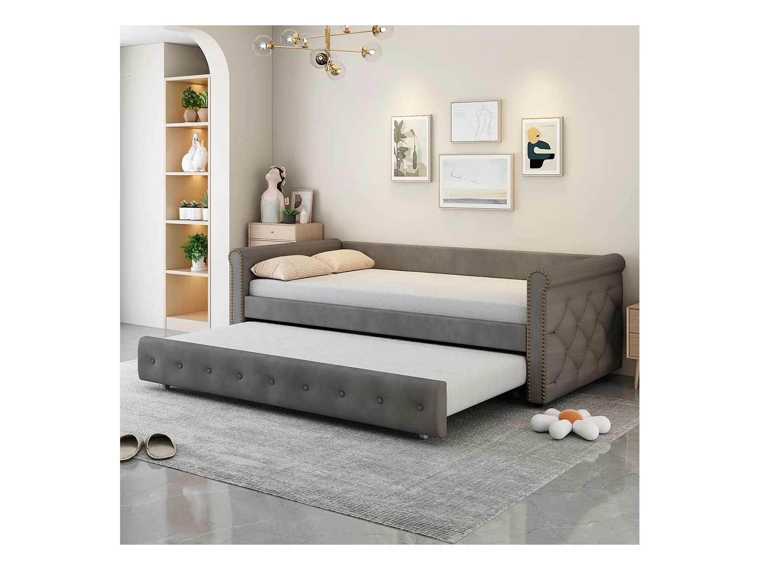 lit Lit superposé Enfant rembourré, Extensible, Gris, 90 x 200 cm, en Velours Doux pour la Peau
