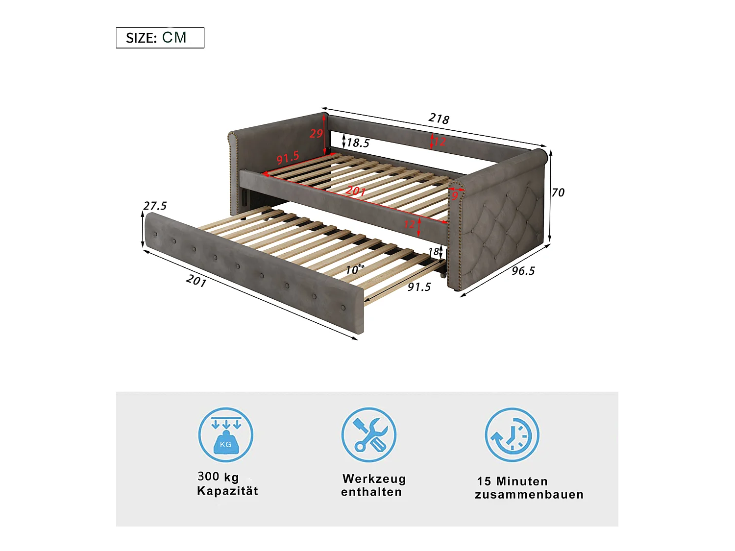 lit Lit superposé Enfant rembourré, Extensible, Gris, 90 x 200 cm, en Velours Doux pour la Peau