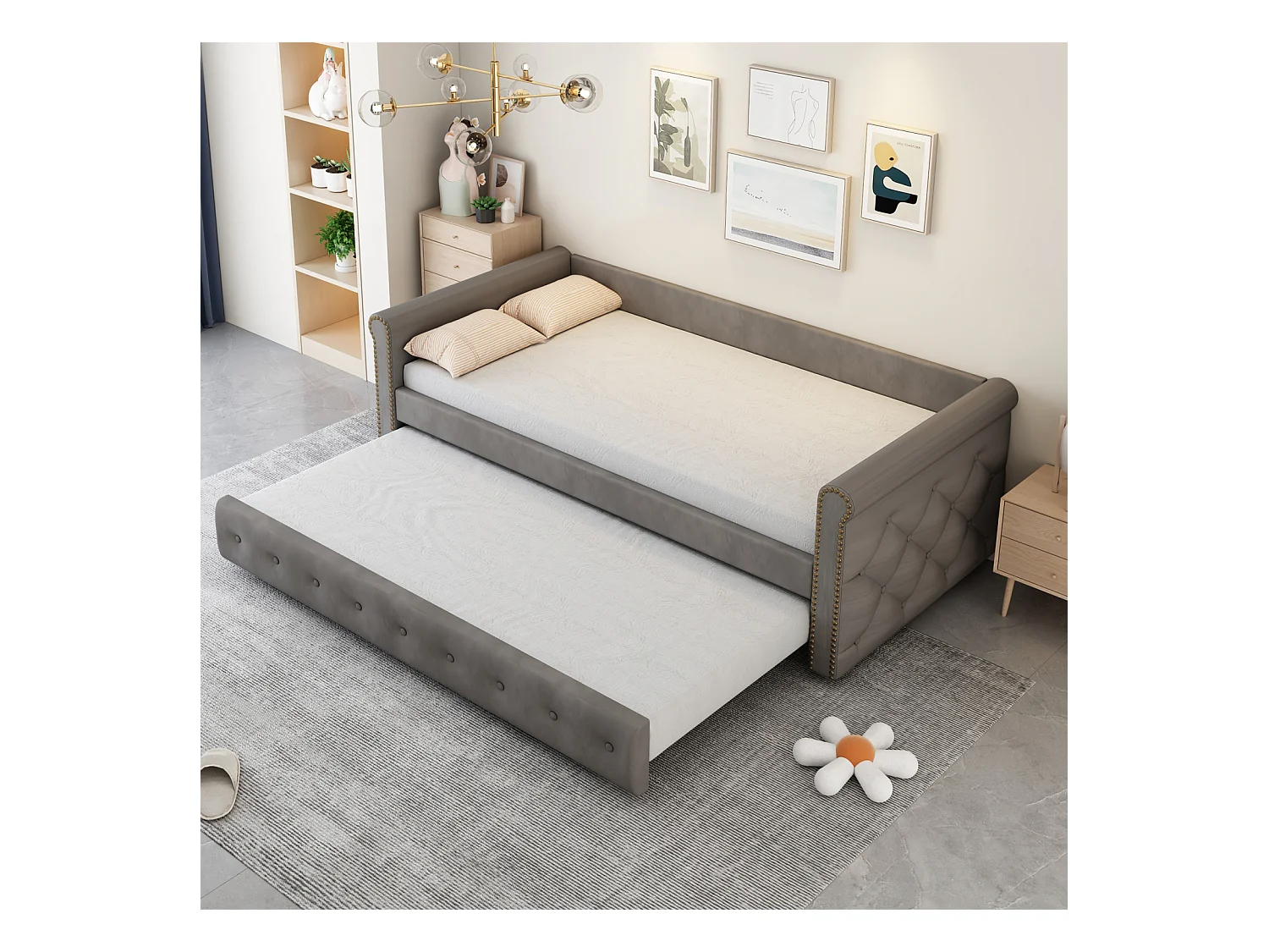 lit Lit superposé Enfant rembourré, Extensible, Gris, 90 x 200 cm, en Velours Doux pour la Peau