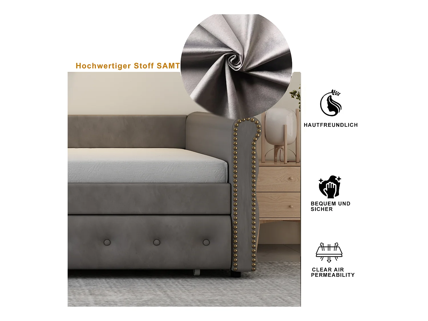 lit Lit superposé Enfant rembourré, Extensible, Gris, 90 x 200 cm, en Velours Doux pour la Peau