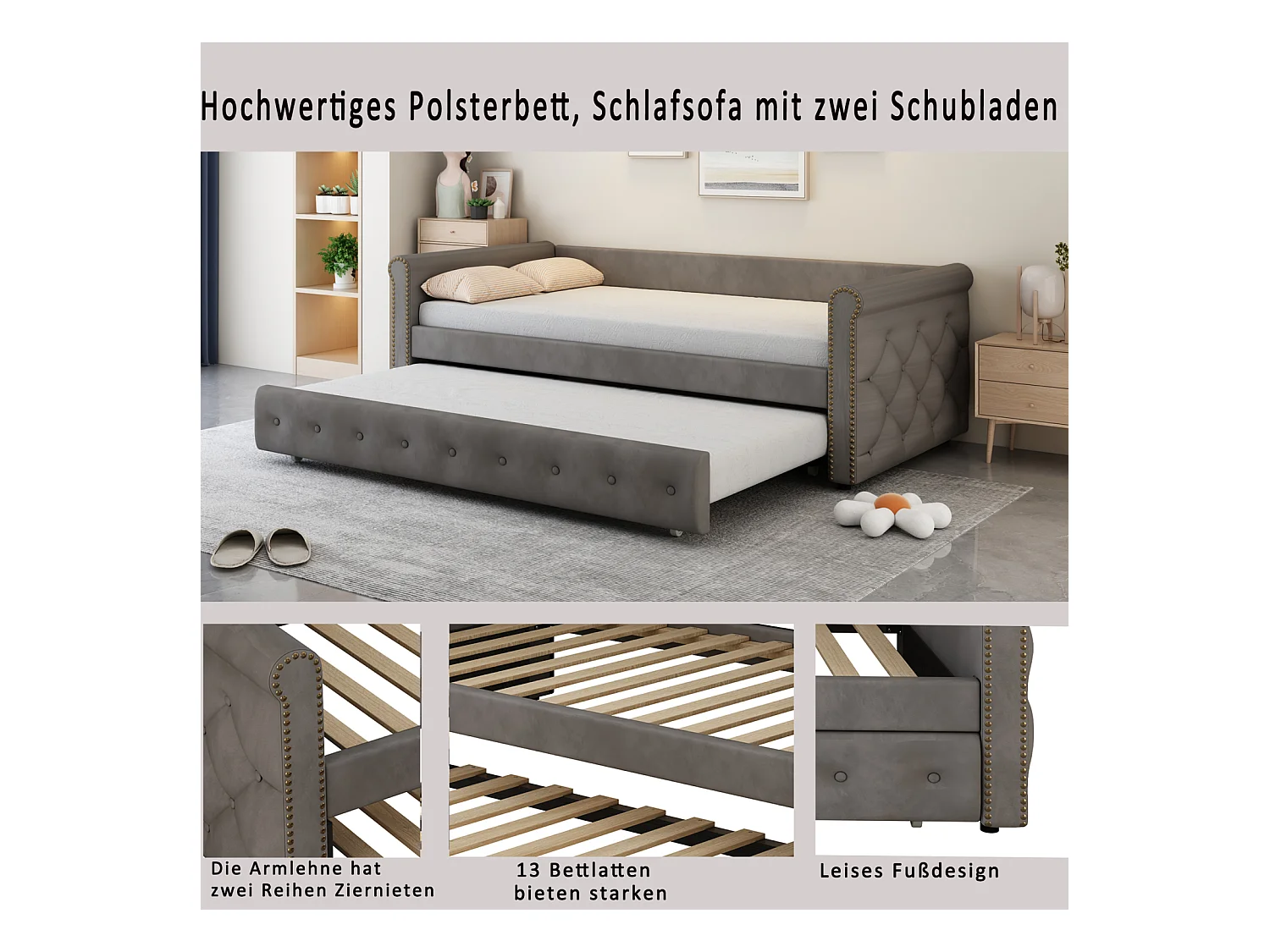 lit Lit superposé Enfant rembourré, Extensible, Gris, 90 x 200 cm, en Velours Doux pour la Peau