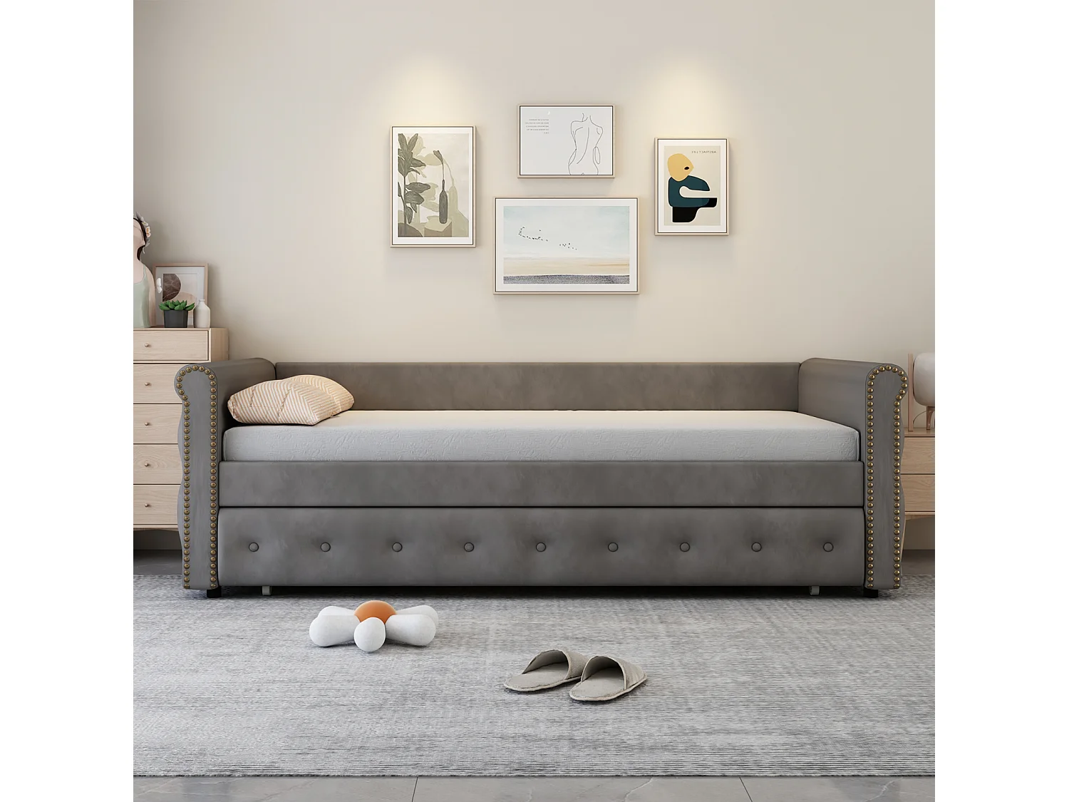 Litera infantil tapizada, extensible, gris, 90 x 200 cm, terciopelo hipoalergénico