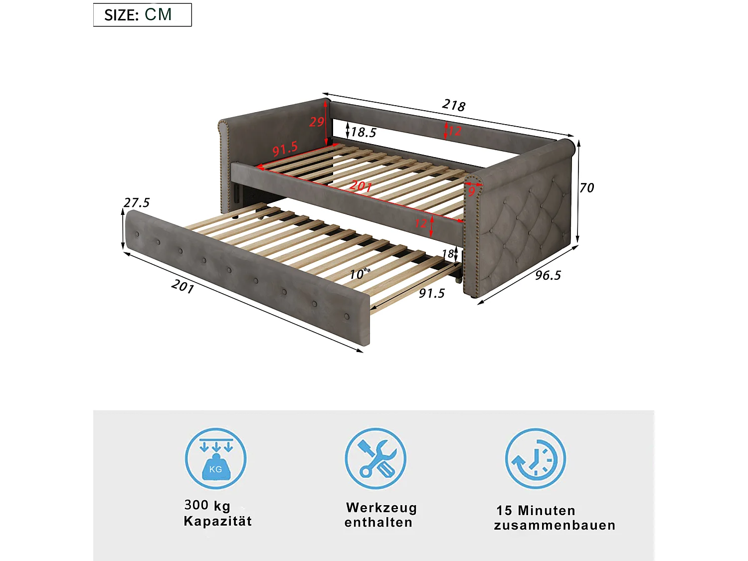Litera infantil tapizada, extensible, gris, 90 x 200 cm, terciopelo hipoalergénico
