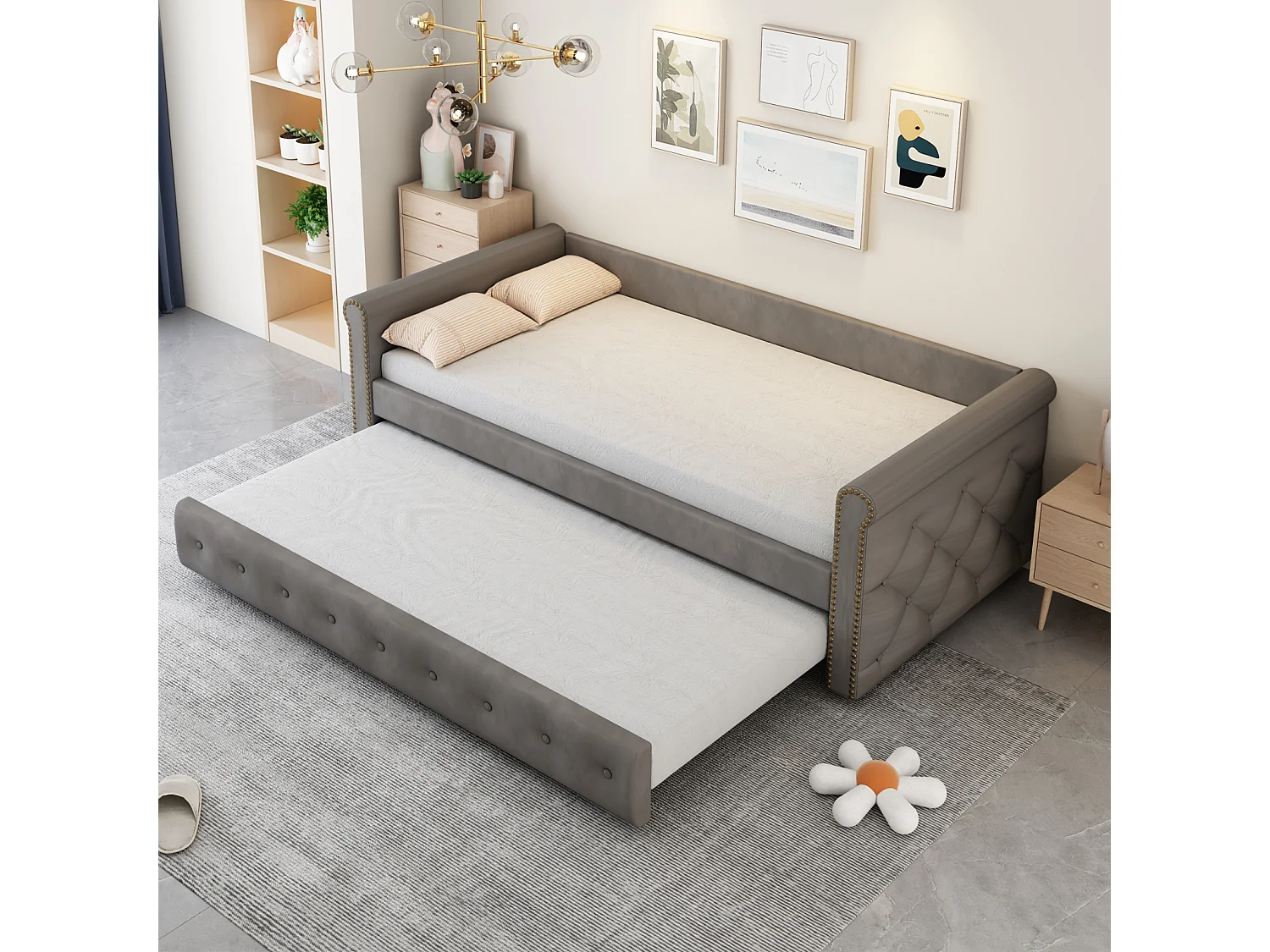 Litera infantil tapizada, extensible, gris, 90 x 200 cm, terciopelo hipoalergénico