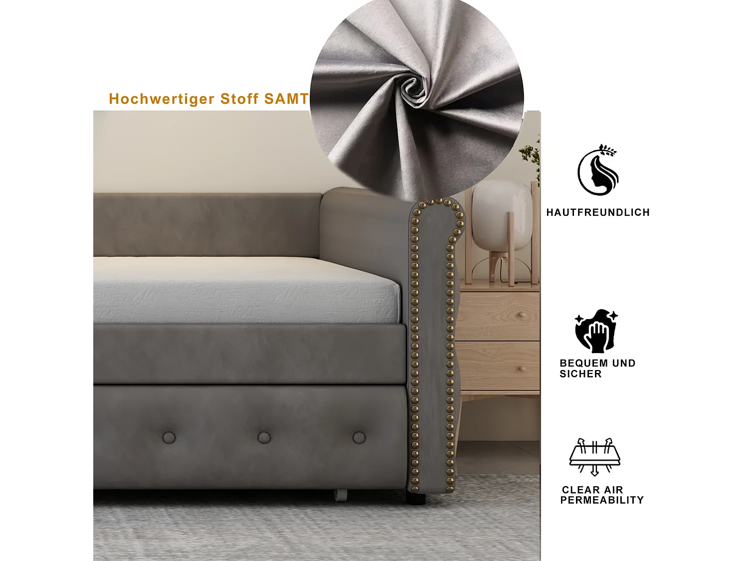 Litera infantil tapizada, extensible, gris, 90 x 200 cm, terciopelo hipoalergénico