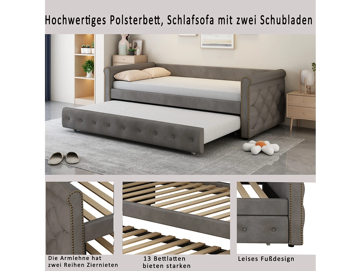 Litera infantil tapizada, extensible, gris, 90 x 200 cm, terciopelo hipoalergénico