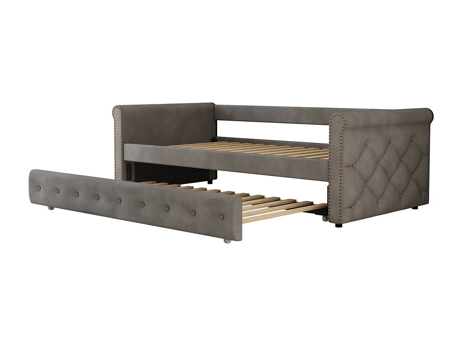 Litera infantil tapizada, extensible, gris, 90 x 200 cm, terciopelo hipoalergénico