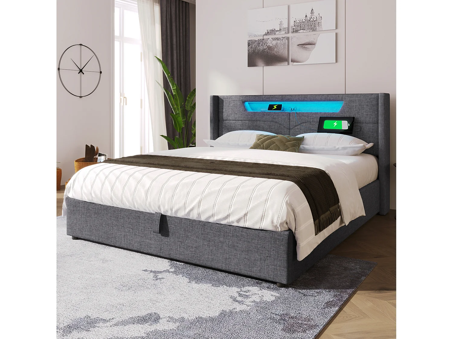 Lit Double LED 160x200 CM, Cadre de litavec Fonction de Recharge USB de Type C et LED, Lin, Grey