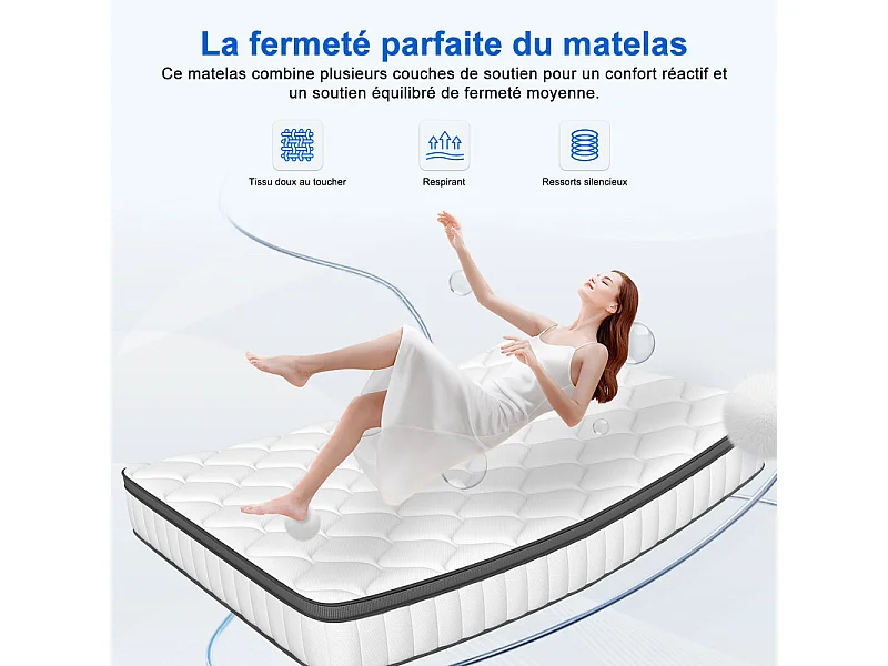 Matelas 140 x 200 cm Ressorts ,25 cm Épaisseur,Support Ergonomique 7 Zones pour la Protection de la Colonne Vertébrale, Drap Housse Offert