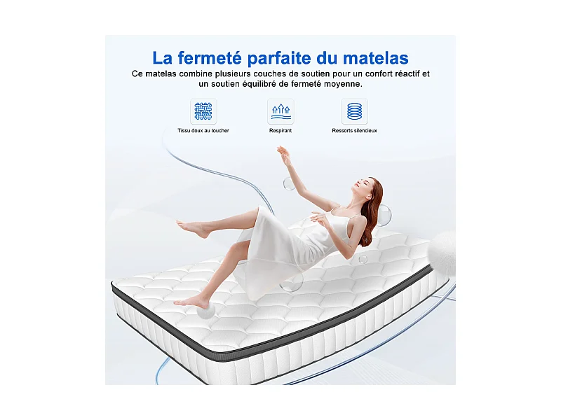Matelas 90 x 200 cm Ressorts ,25 cm Épaisseur,Support Ergonomique 7 Zones pour la Protection de la Colonne Vertébrale, Drap Housse Offert
