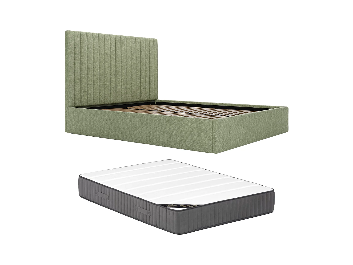 Lit coffre 120 x 190 cm avec tête de lit coutures verticales - Tissu - Vert clair + Matelas - SARAH