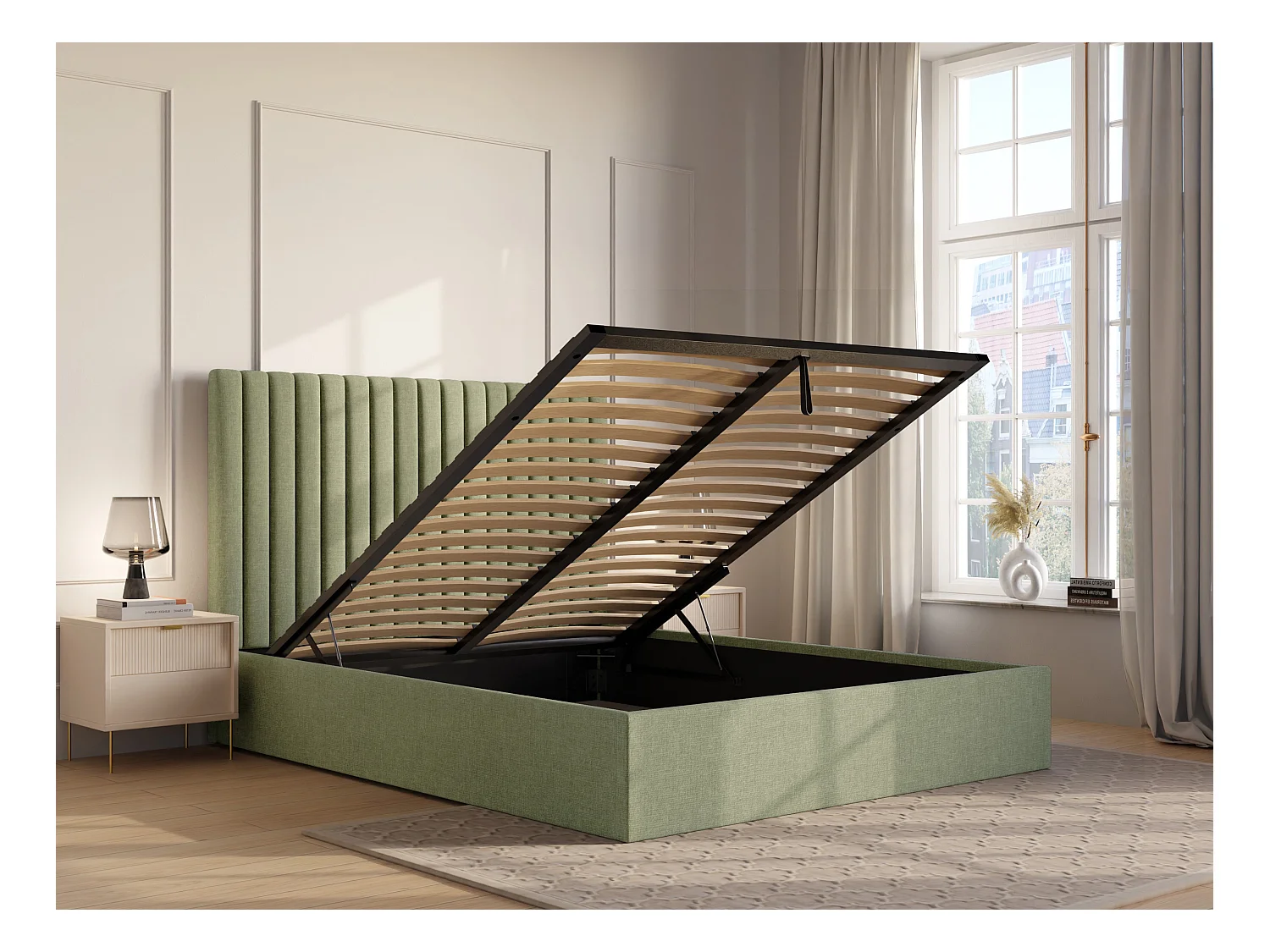 Lit coffre 120 x 190 cm avec tête de lit coutures verticales - Tissu - Vert clair + Matelas - SARAH