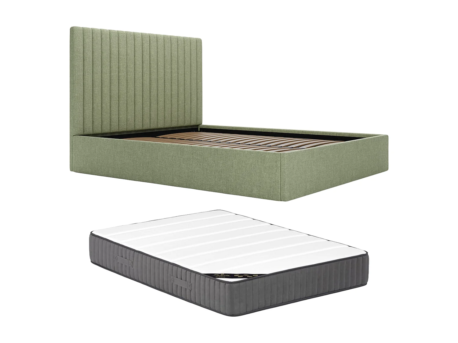 Canapé abatible 120 x 190 cm con cabecero con costuras verticales - Tela - Verde claro + Colchón - SARAH