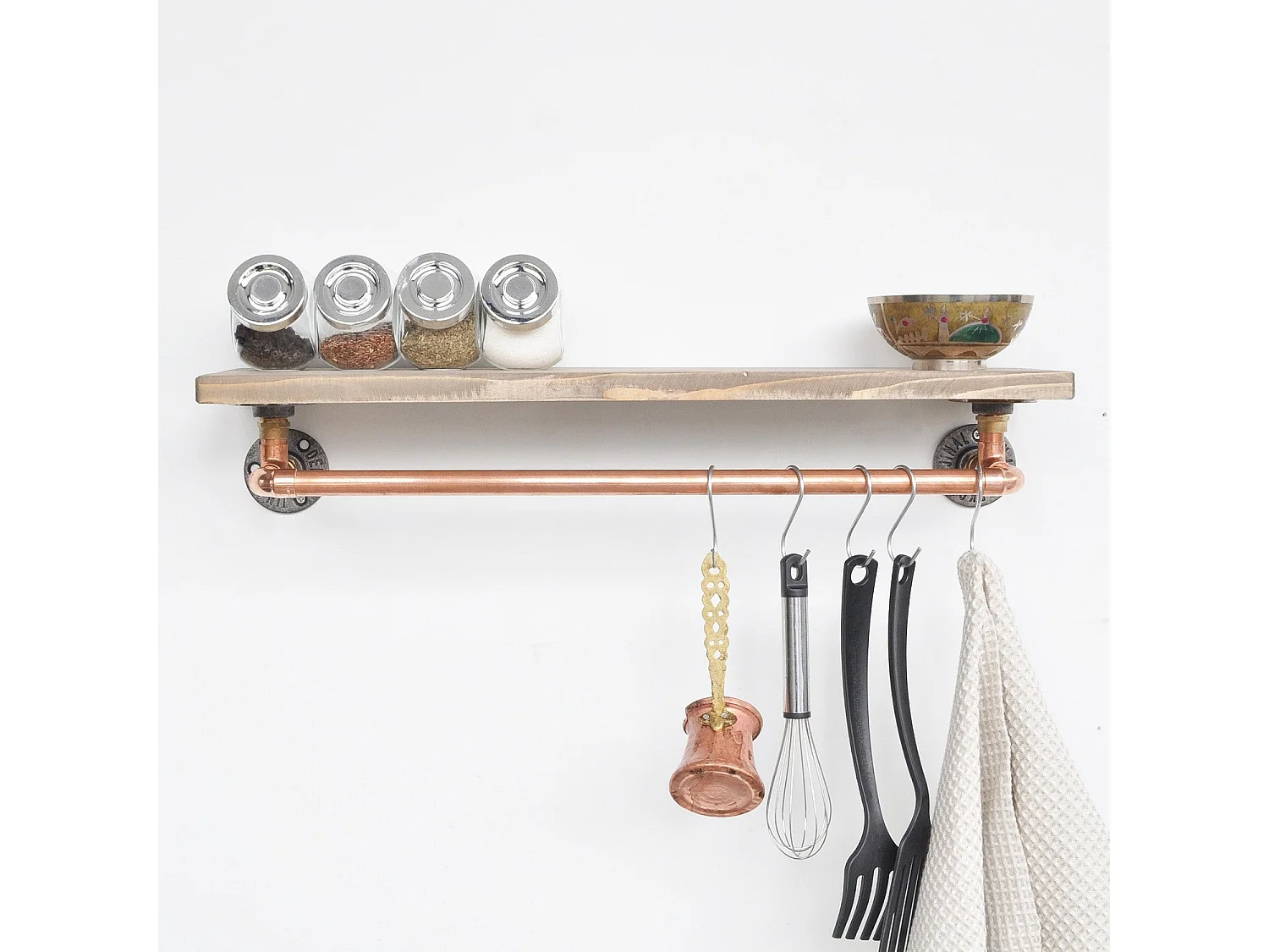 Étagère à tuyaux – 60 cm x 12 cm x 14 cm – Noyer et or rose – Bois de sapin avec tuyaux en cuivre