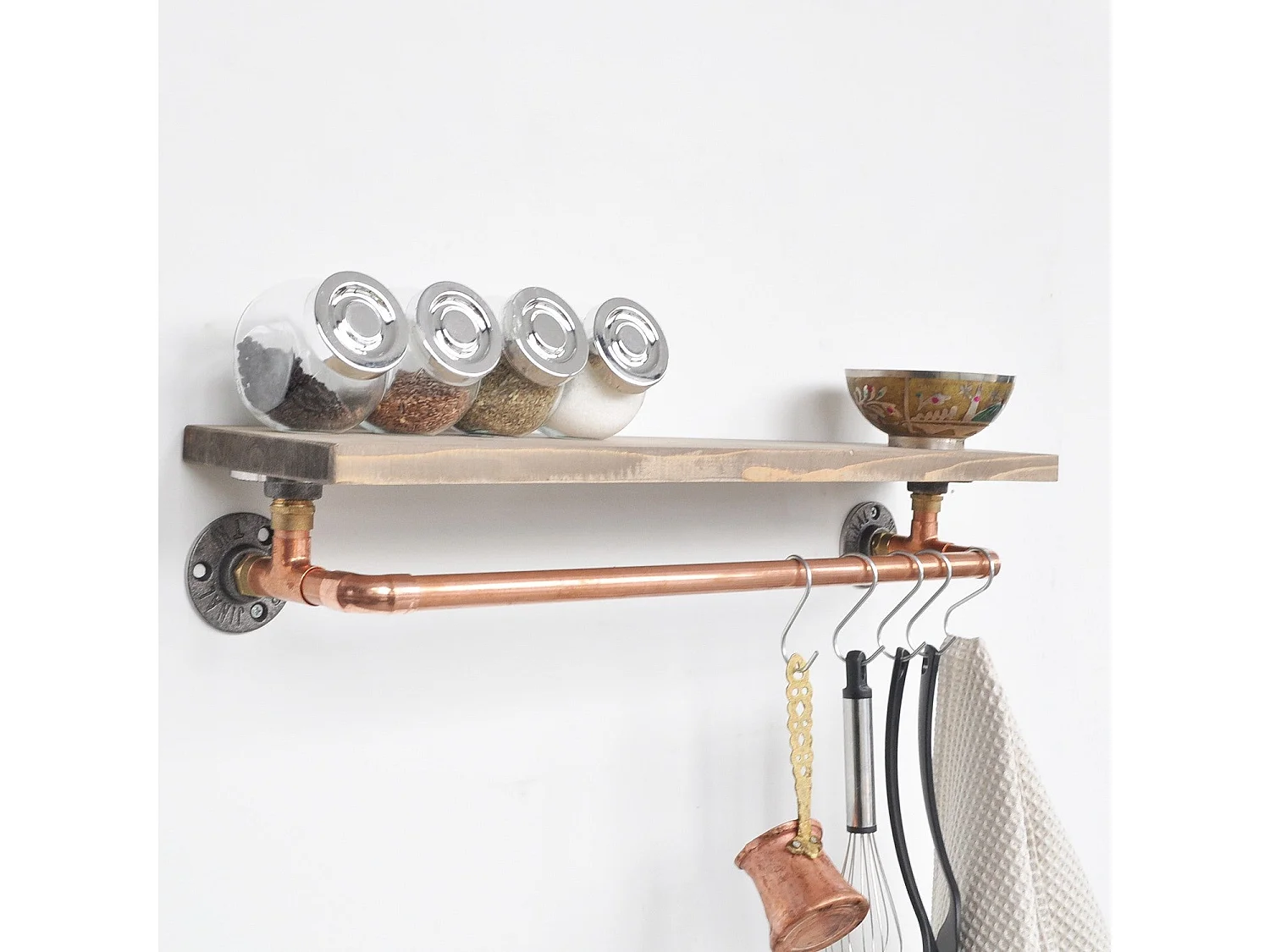 Étagère à tuyaux – 60 cm x 12 cm x 14 cm – Noyer et or rose – Bois de sapin avec tuyaux en cuivre