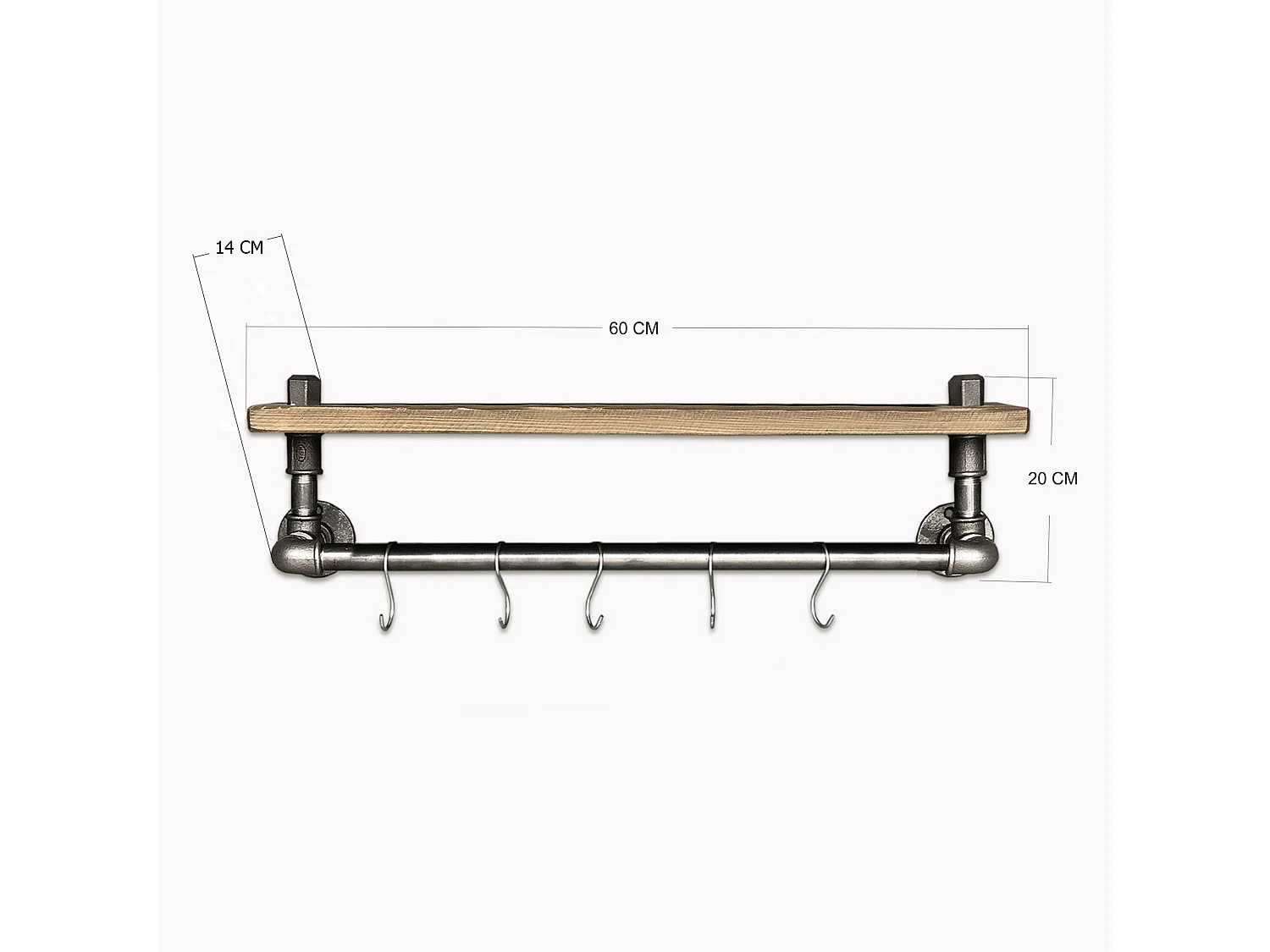 Pijpenplank – 60 cm x 20 cm x 14 cm – Zwart en walnoot – Dennenhout en metaal