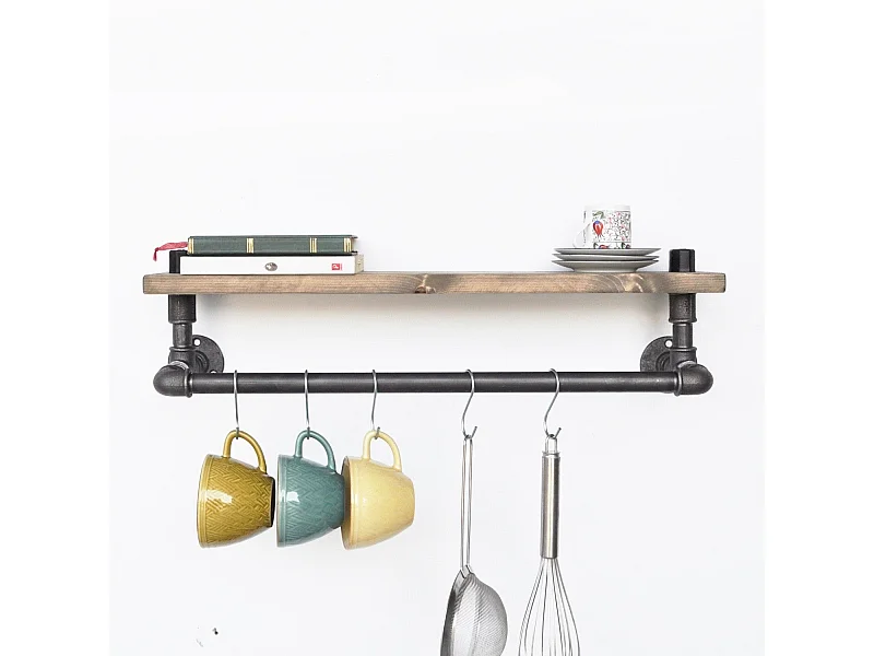 Pijpenplank – 60 cm x 20 cm x 14 cm – Zwart en walnoot – Dennenhout en metaal