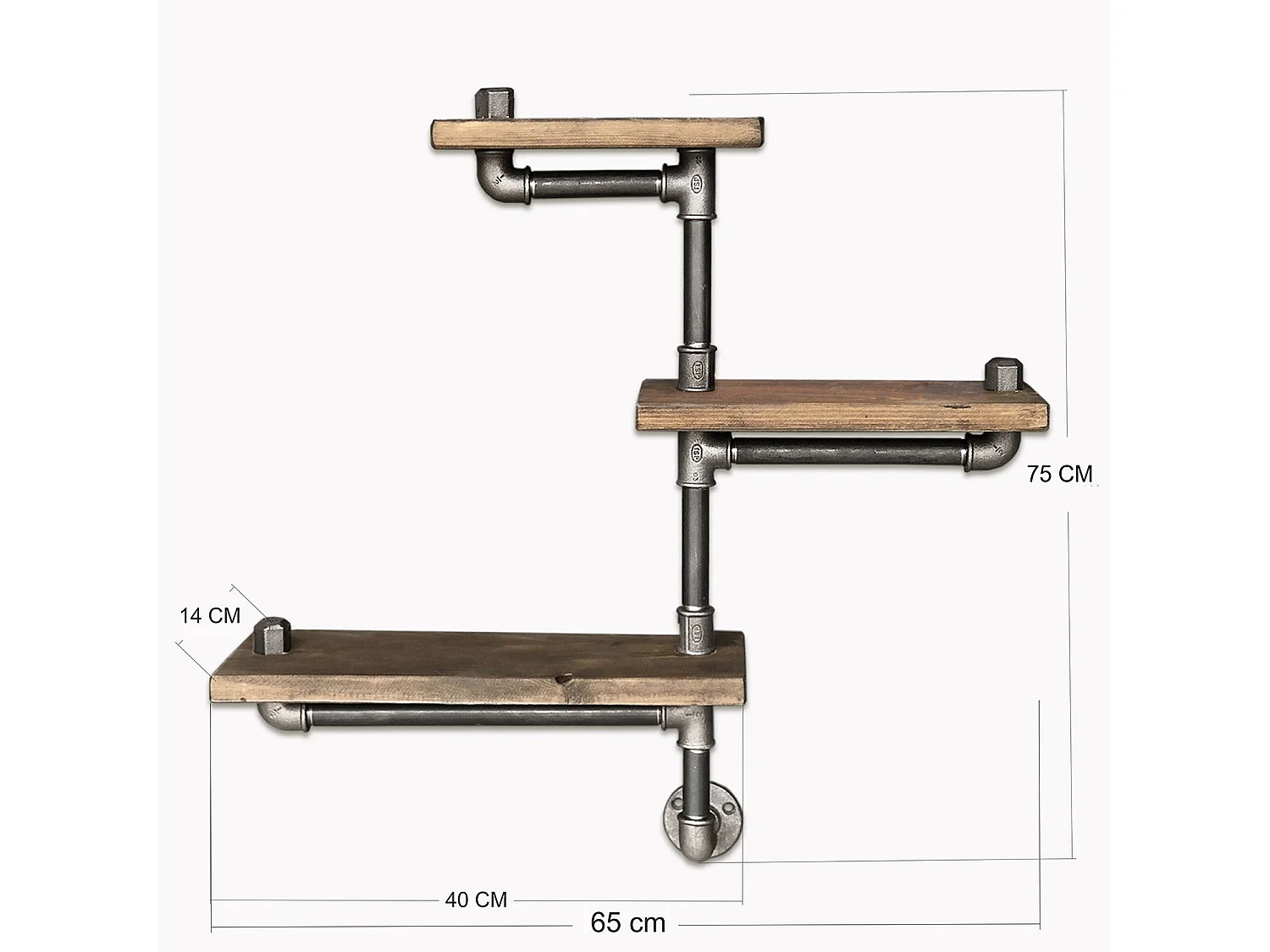 Pijpenplank – 65 cm x 75 cm x 14 cm – Zwart en walnoot – Dennenhout en metaal