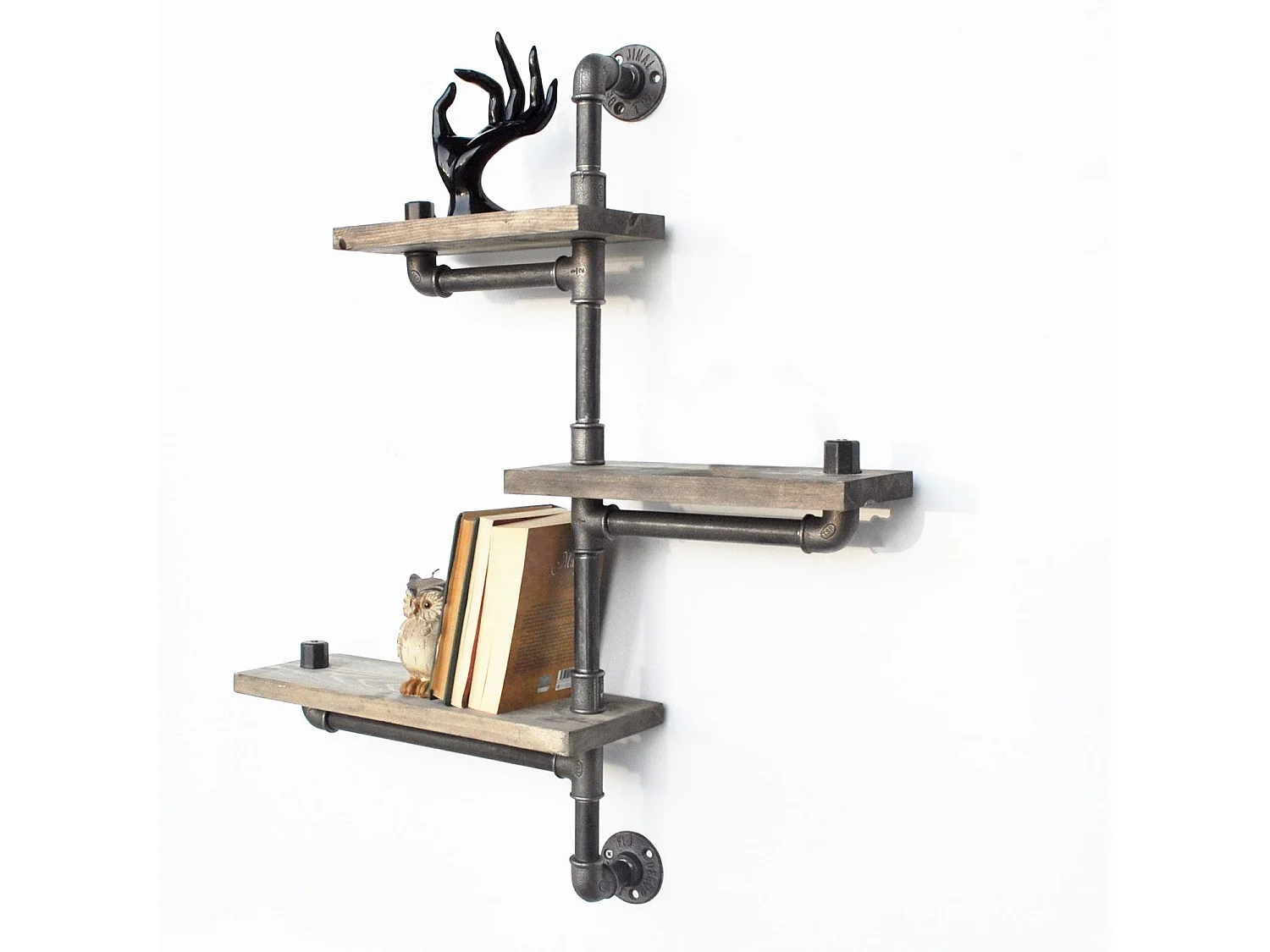 Étagère Pipe – 65 cm x 75 cm x 14 cm – Noir et Noyer – Bois de sapin et métal