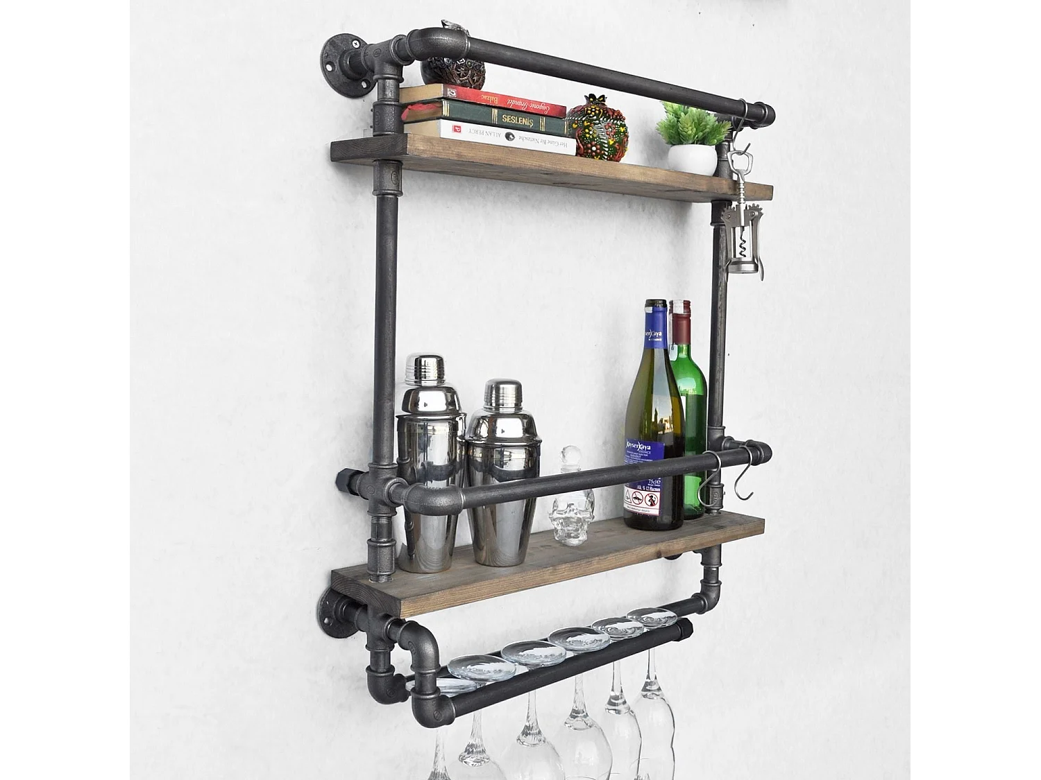 Rohrregal – 60 cm x 67 cm x 17 cm – Walnuss und Schwarz – Holz und Metall