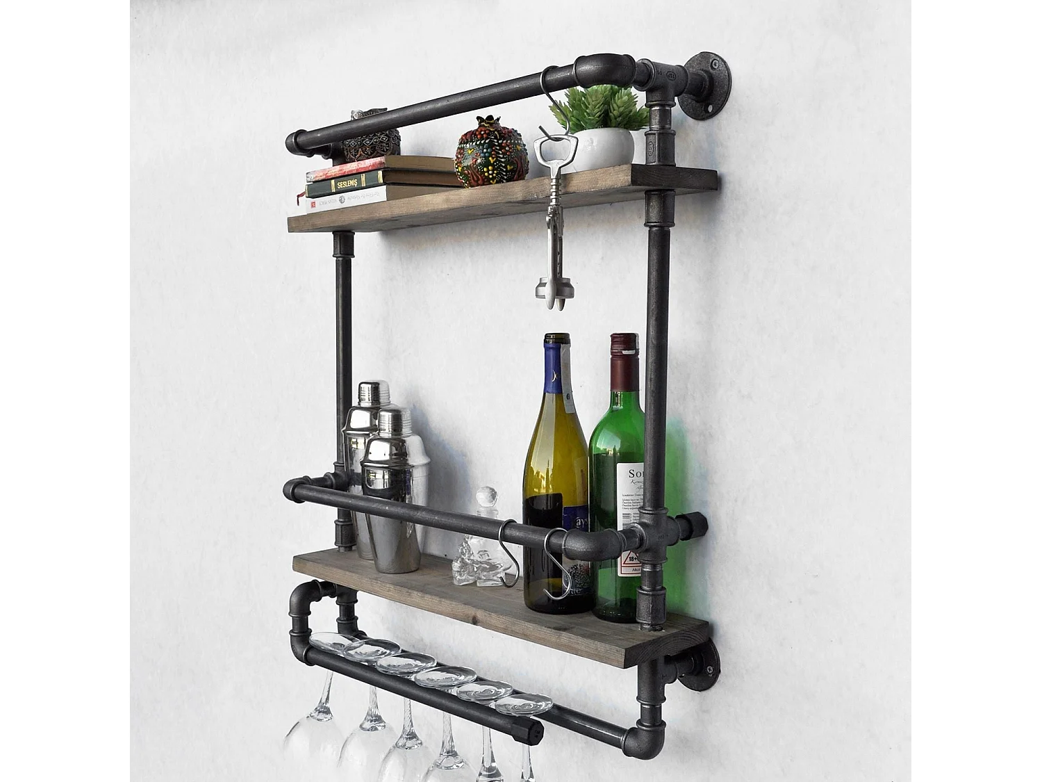 Rohrregal – 60 cm x 67 cm x 17 cm – Walnuss und Schwarz – Holz und Metall