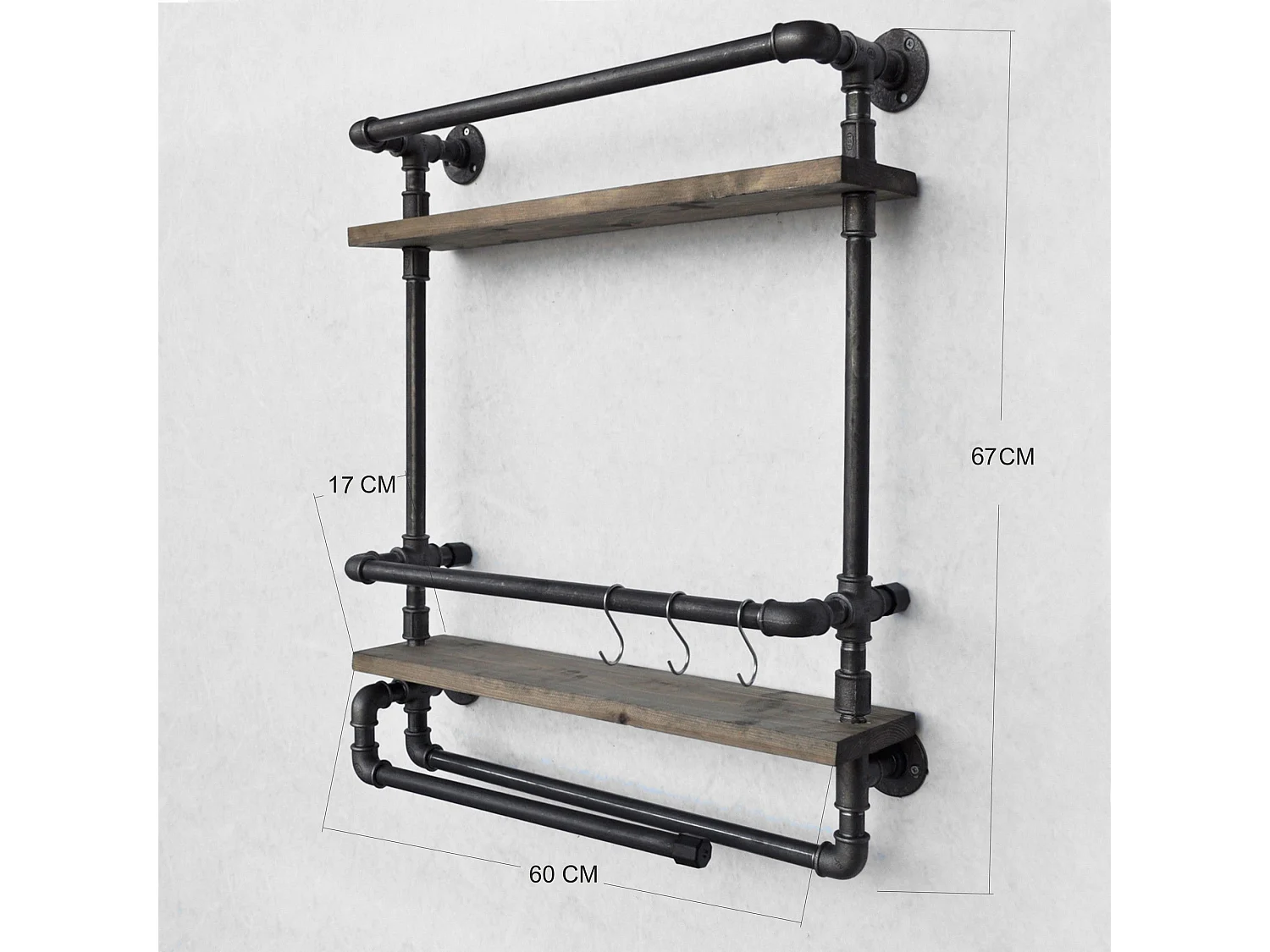 Étagère Pipe – 60 cm x 67 cm x 17 cm – Noyer et noir – Bois et métal