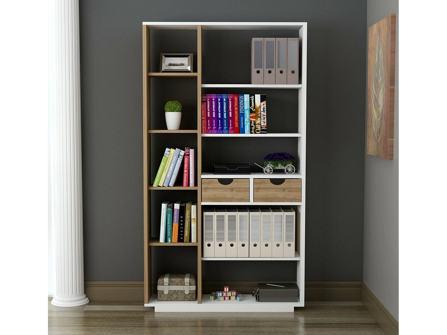 Scandinavische plank – 80,4 x 188,6 x 25 cm – Wit en walnoot – Melamine gecoate spaanplaat