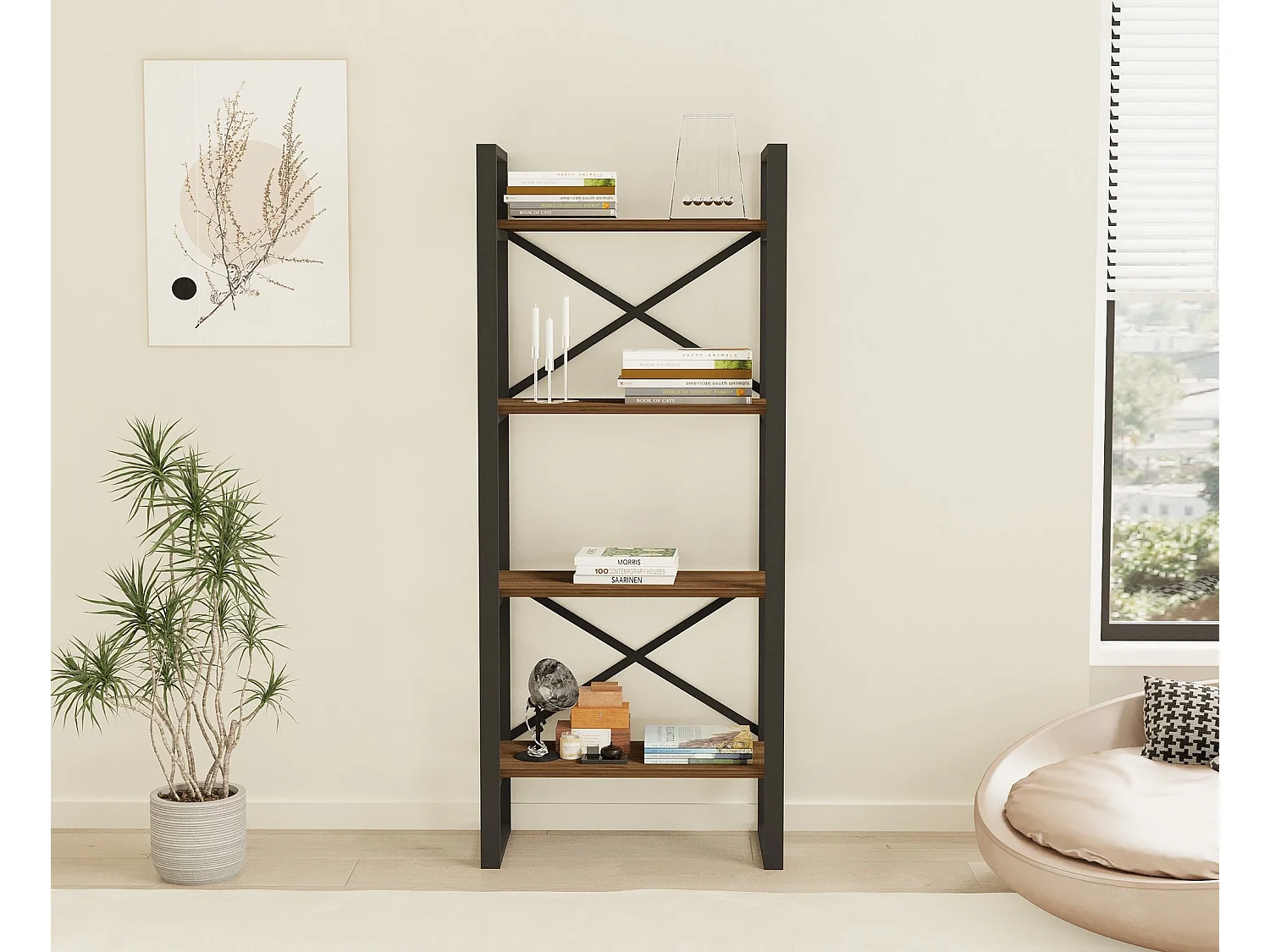 Étagère industrielle en noyer – 66 cm x 150 cm x 32 cm – métal