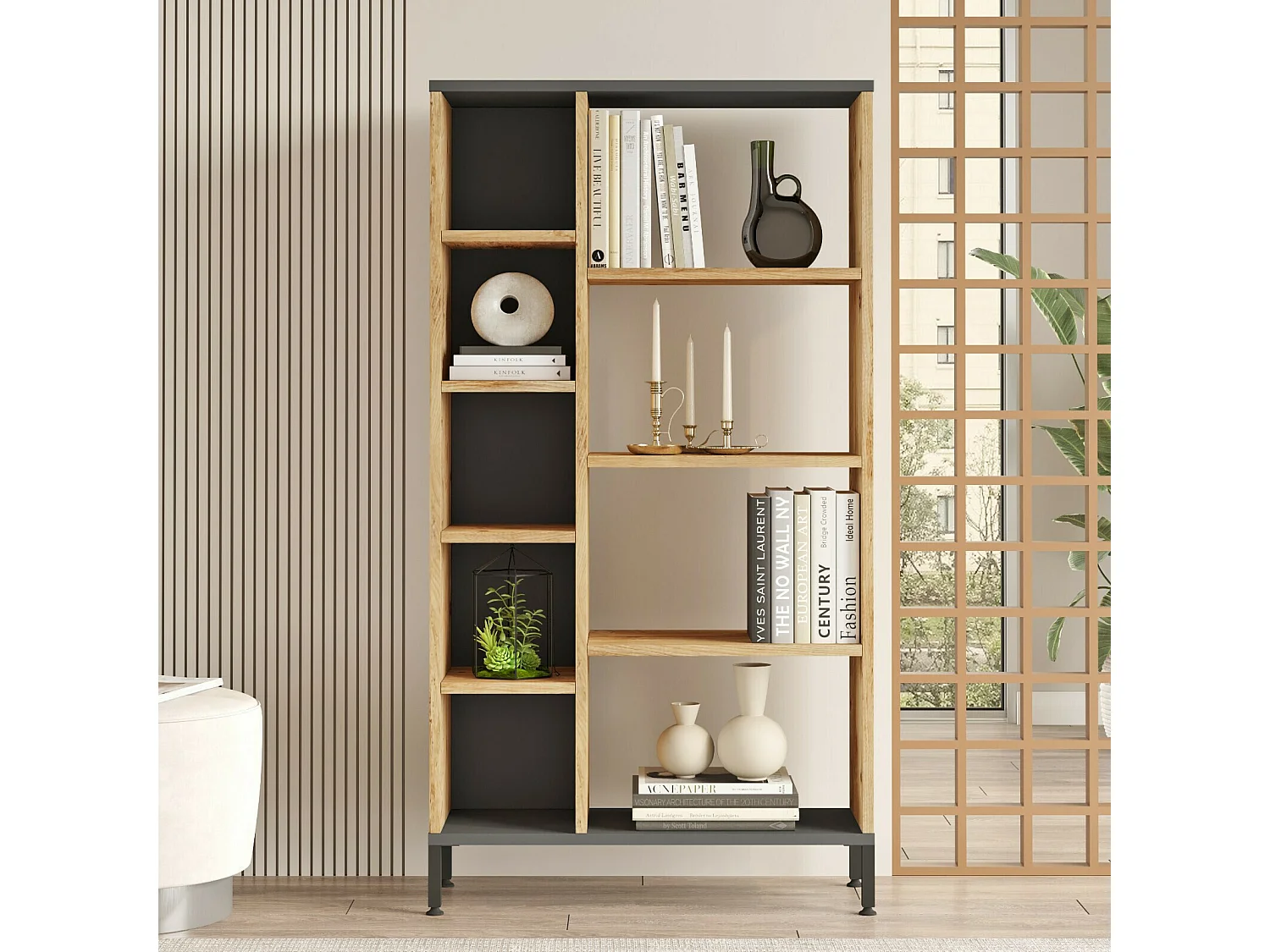 Estantería Kailua 2236, Abierto, Aglomerado laminado, 134x72x26cm, Antracita|Pino