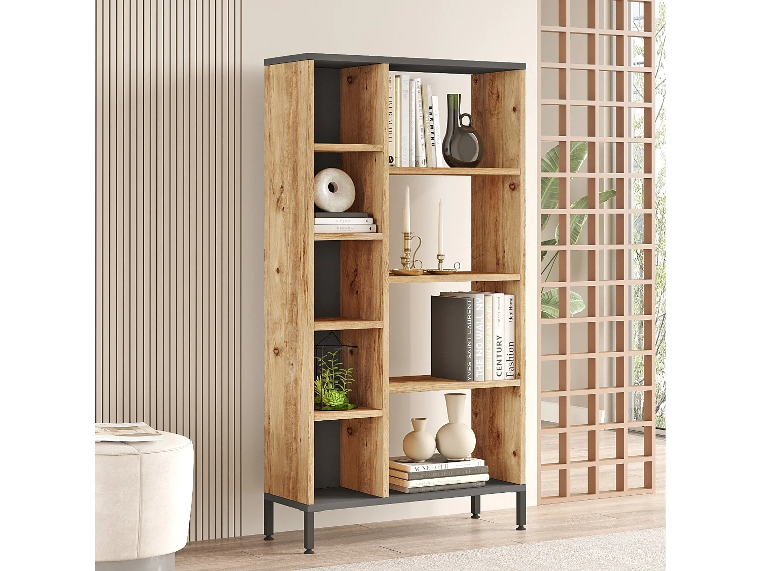 Estantería Kailua 2236, Abierto, Aglomerado laminado, 134x72x26cm, Antracita|Pino