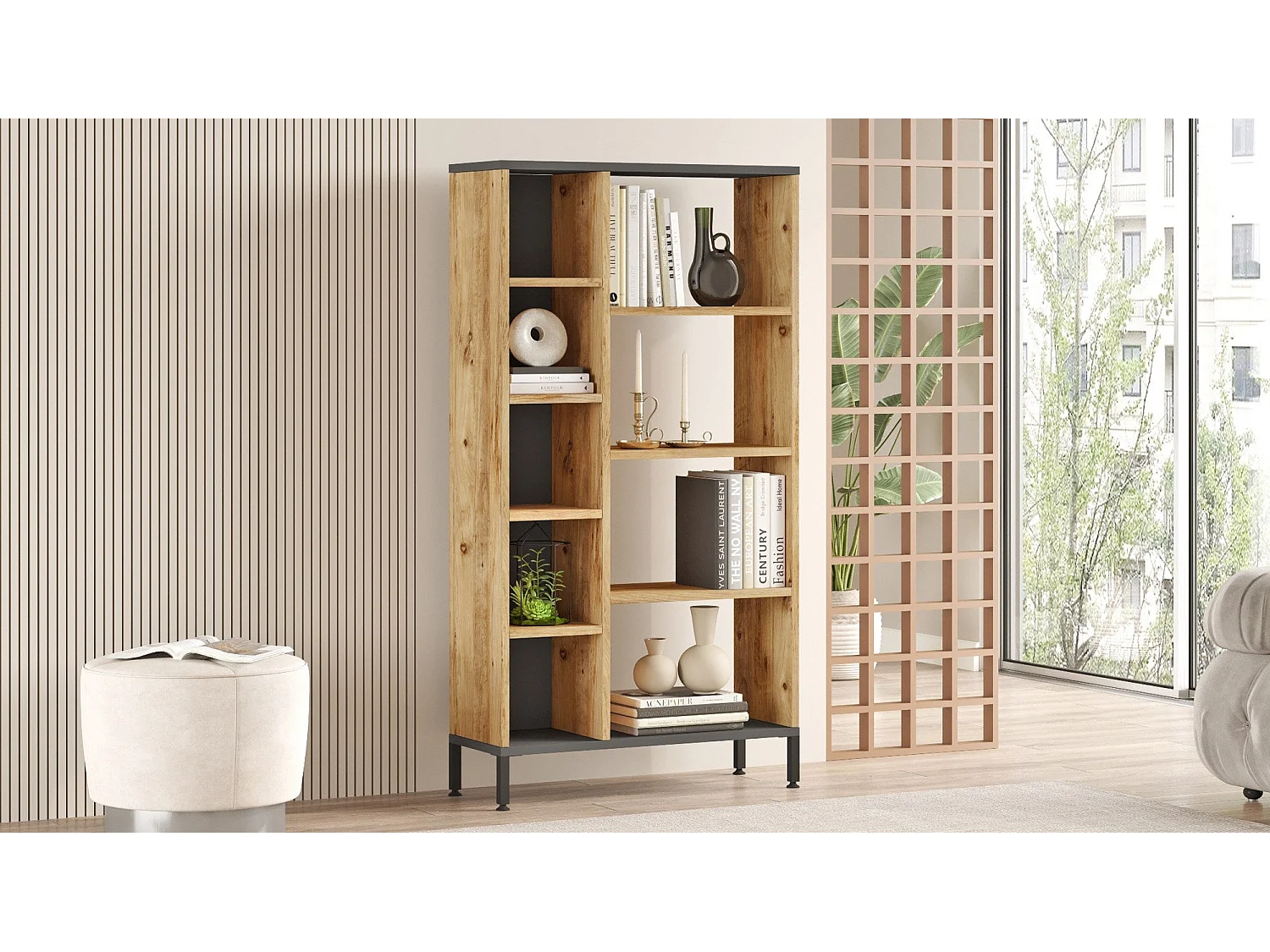 Estantería Kailua 2236, Abierto, Aglomerado laminado, 134x72x26cm, Antracita|Pino