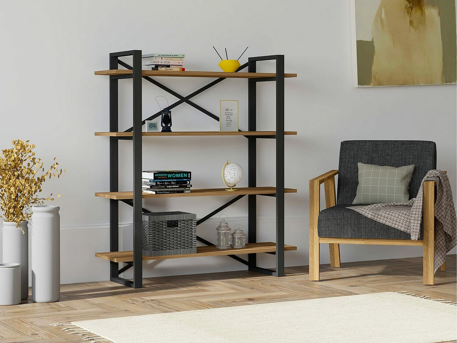 Industriële metalen en melamine gecoate spaanplaatplank – 106 x 120 x 33 cm – notenhout