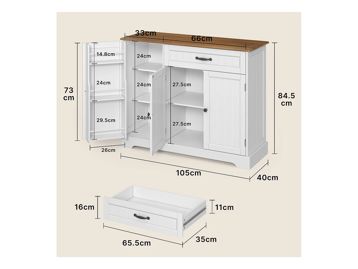 Buffet de Cuisine 3 Portes 1 Tiroir 105 x 40 x 84.5 cm Marron
