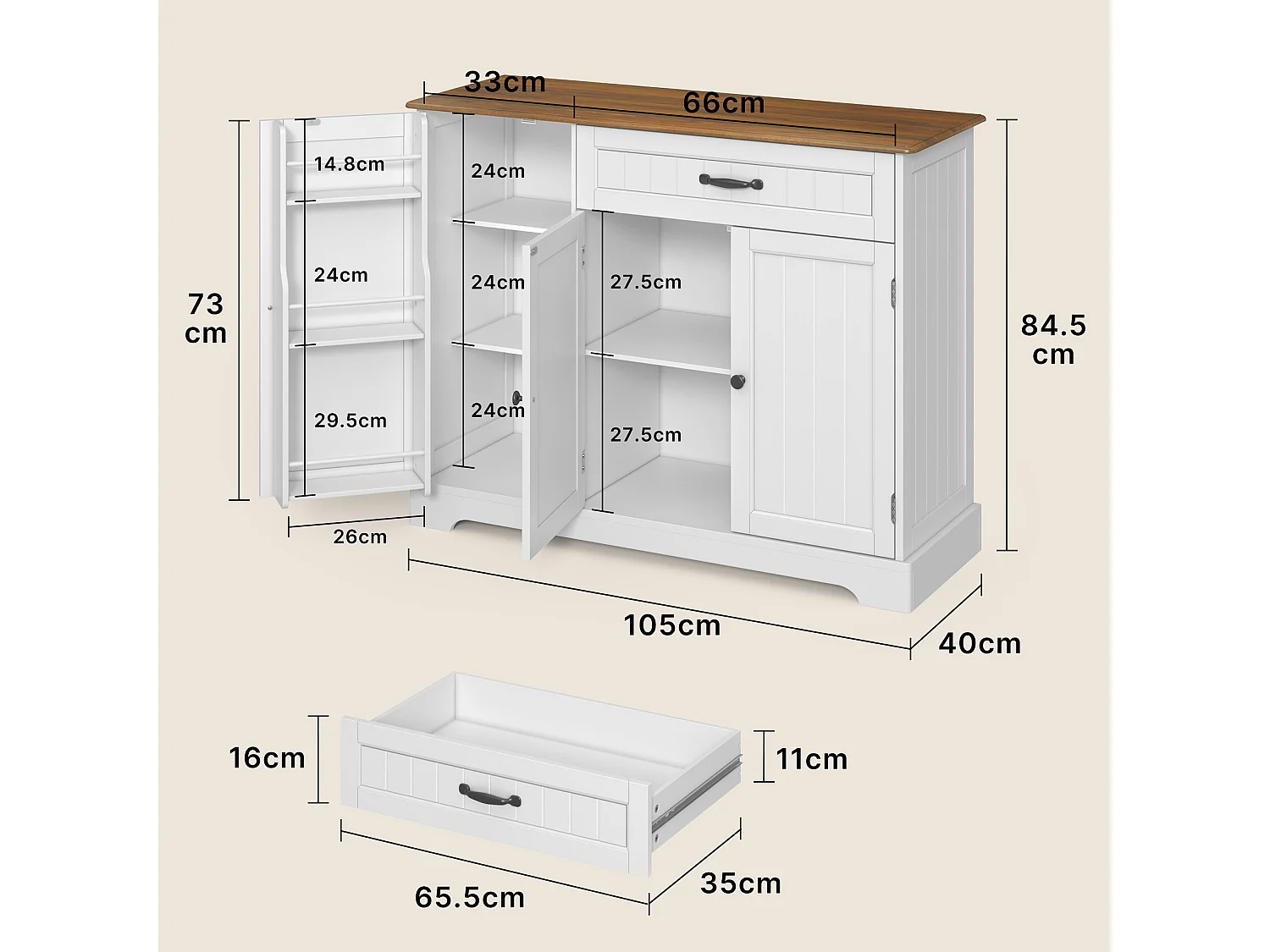 Buffet de Cuisine 3 Portes 1 Tiroir 105 x 40 x 84.5 cm Marron