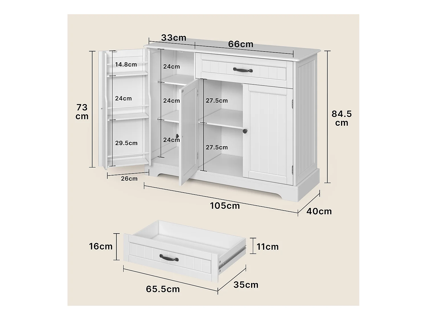 Buffet de Cuisine 3 Portes 1 Tiroir 105 x 40 x 84.5 cm Blanc